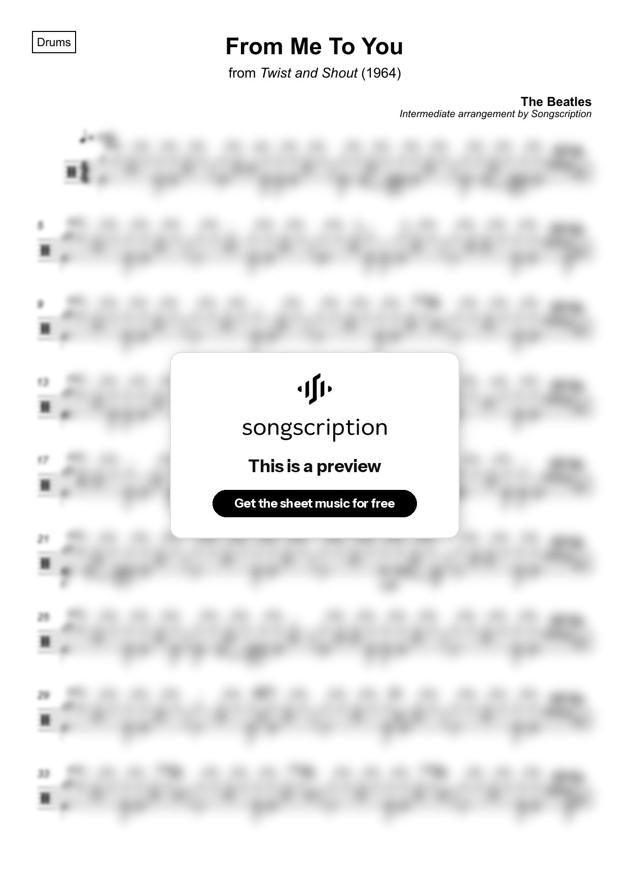 Intermediate Drums Sheet Music for "From Me To You" by The Beatles