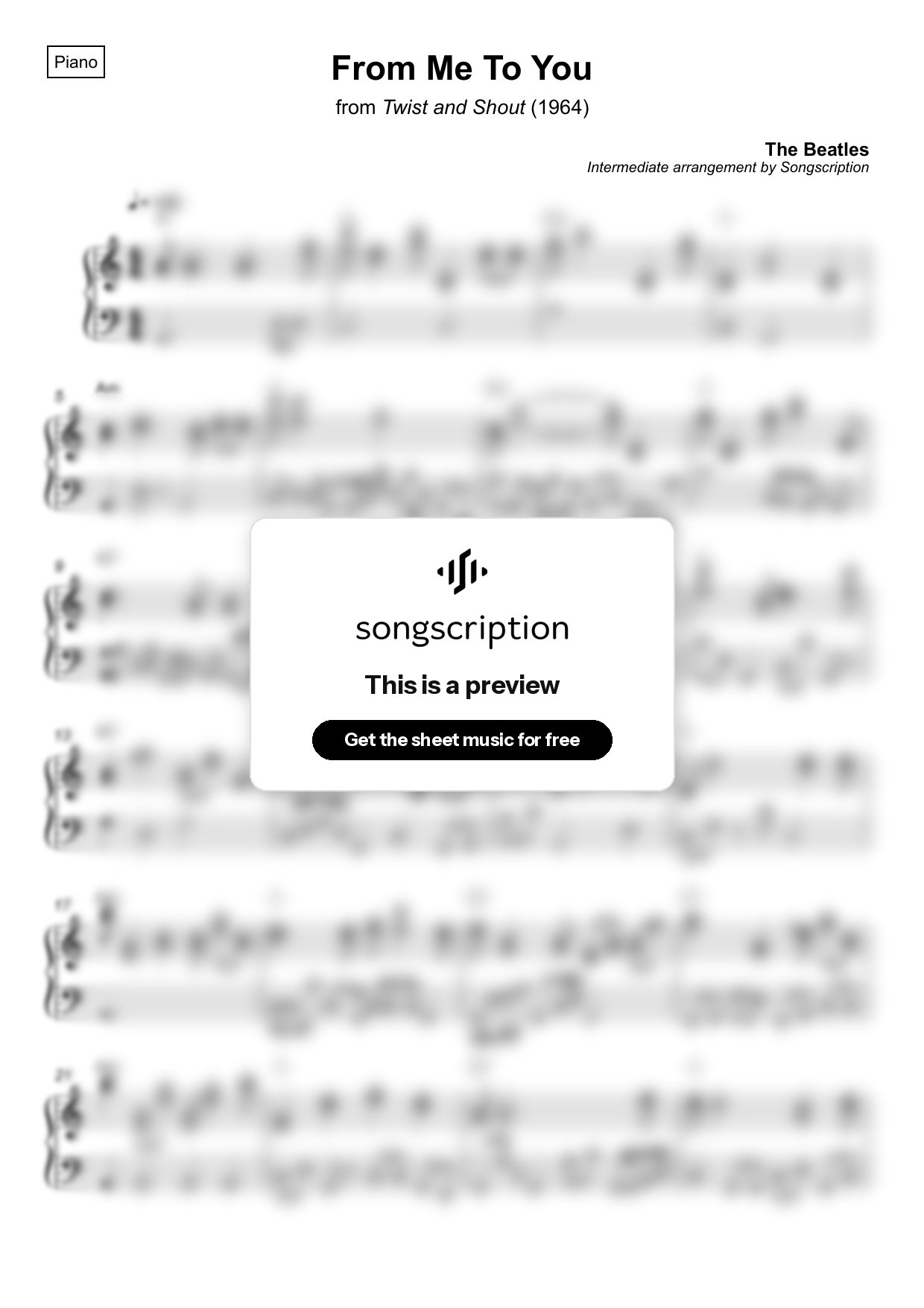 Intermediate Piano Sheet Music for "From Me To You" by The Beatles