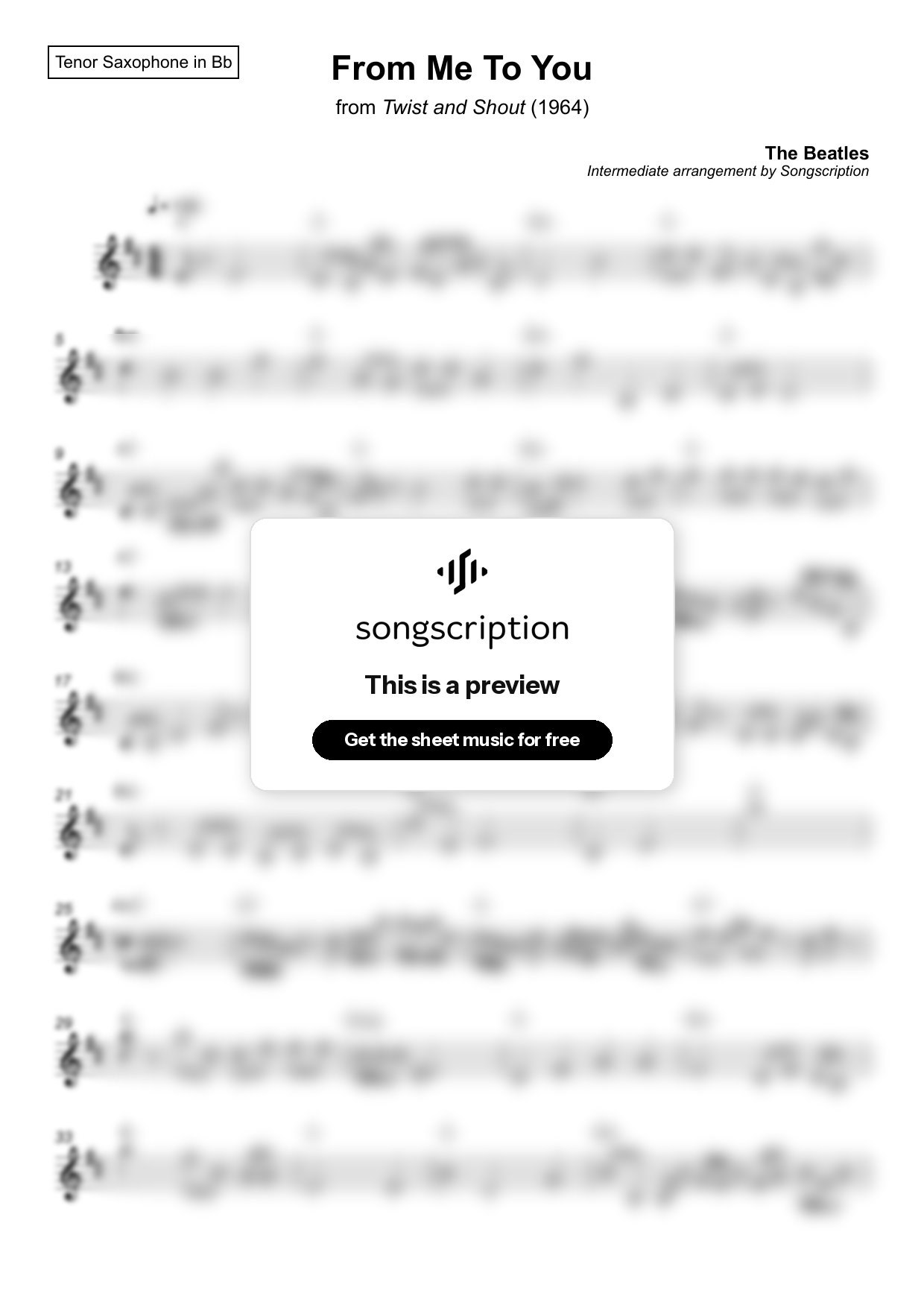 Intermediate Tenor Sax Sheet Music for "From Me To You" by The Beatles
