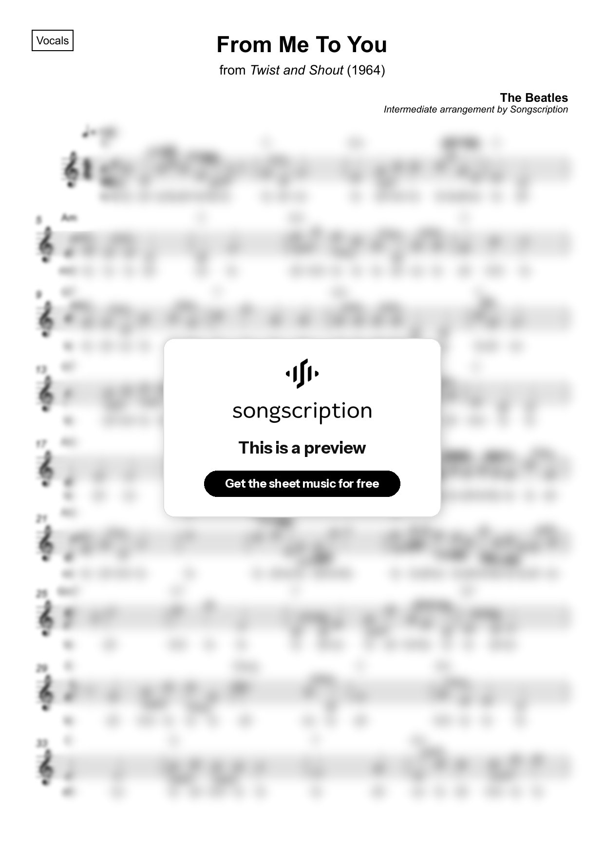 Intermediate Vocals Sheet Music for "From Me To You" by The Beatles