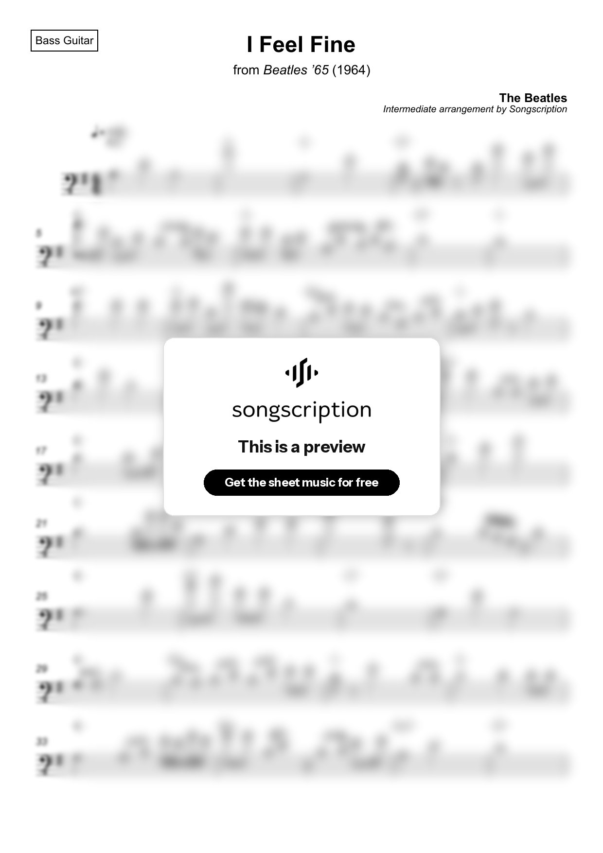 Intermediate Bass Guitar Sheet Music for "I Feel Fine" by The Beatles