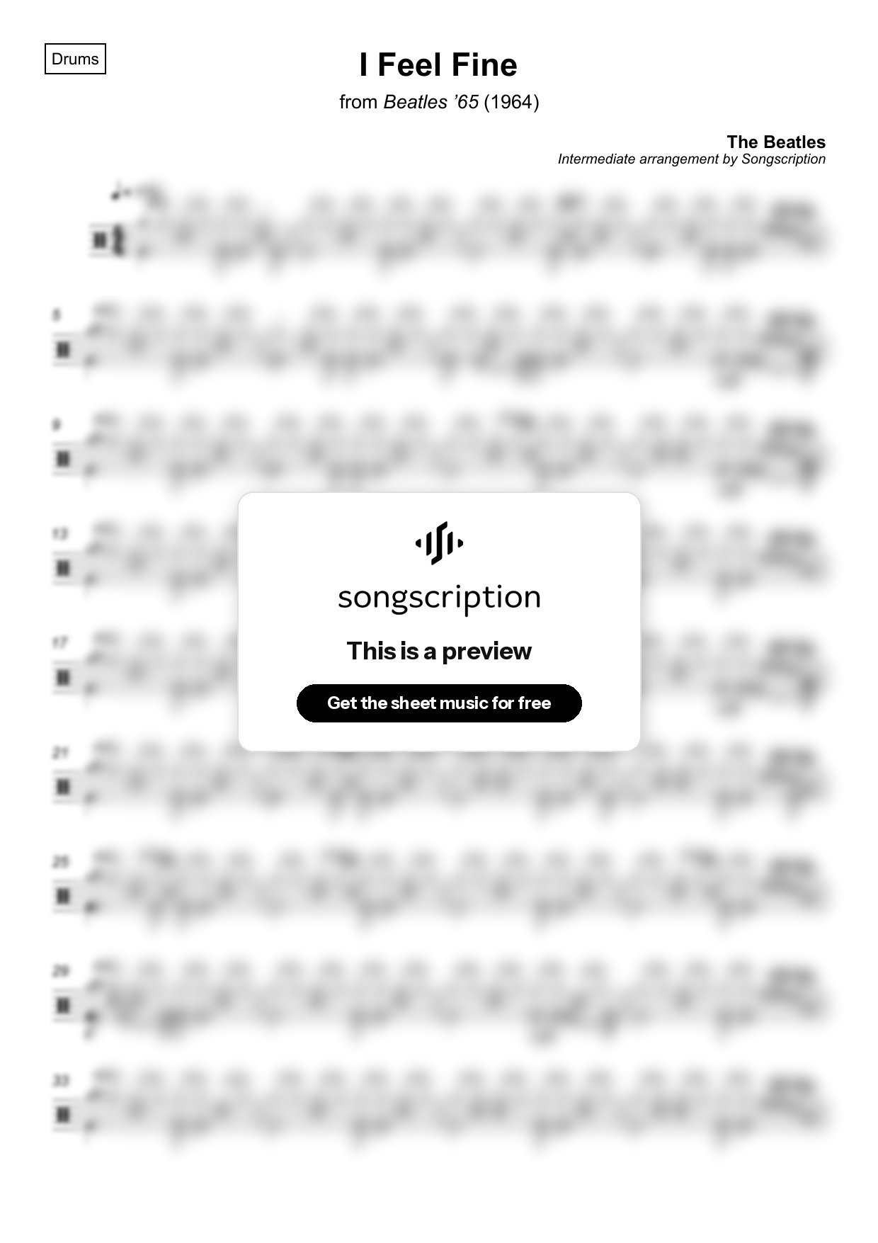 Intermediate Drums Sheet Music for "I Feel Fine" by The Beatles