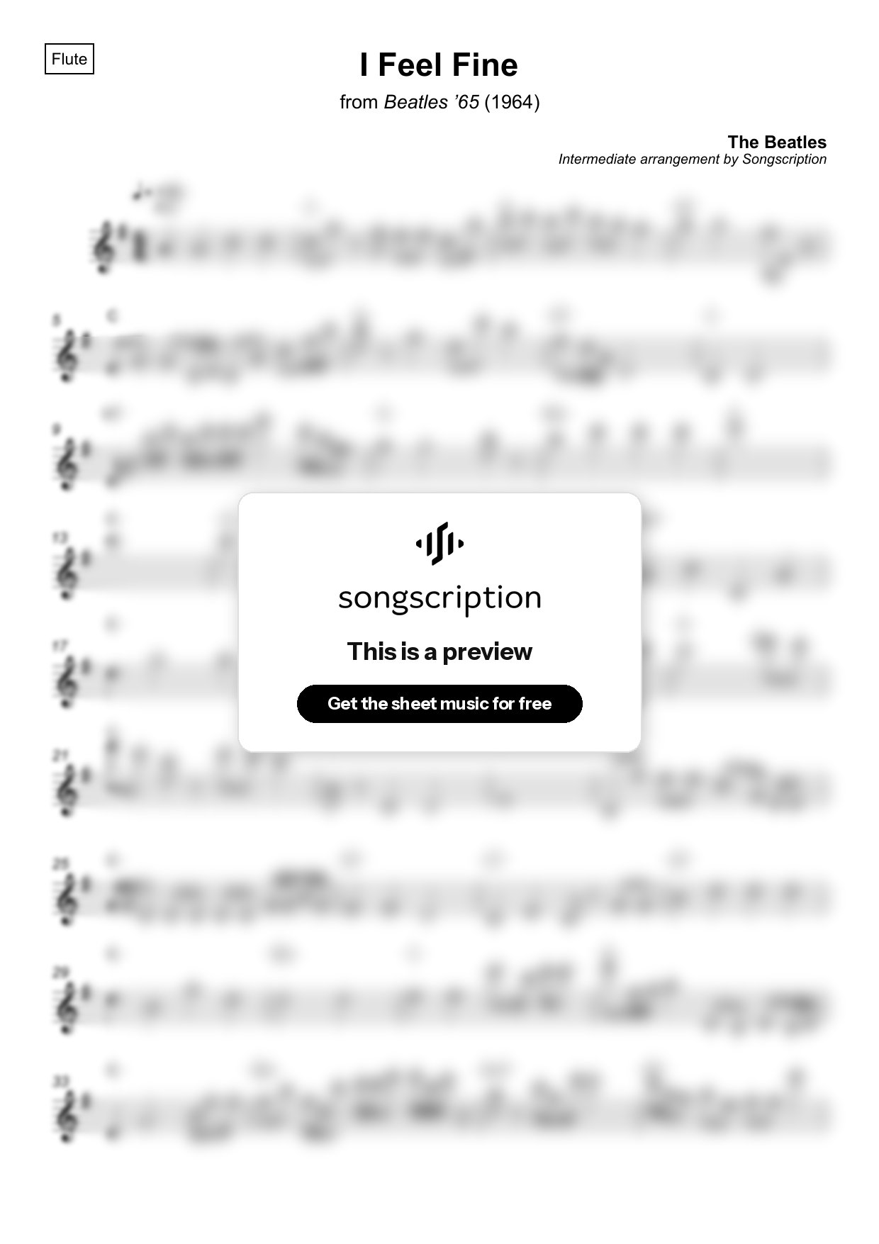 Intermediate Flute Sheet Music for "I Feel Fine" by The Beatles