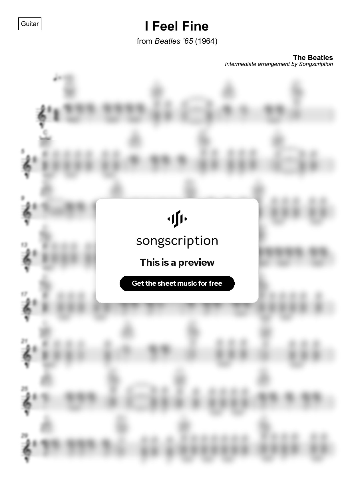 Intermediate Acoustic Guitar Sheet Music for "I Feel Fine" by The Beatles