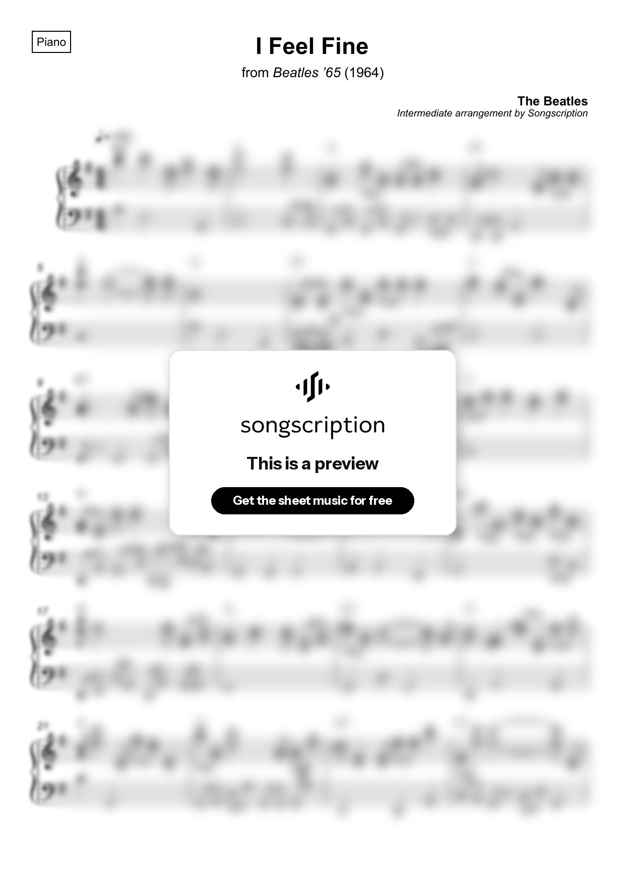Intermediate Piano Sheet Music for "I Feel Fine" by The Beatles