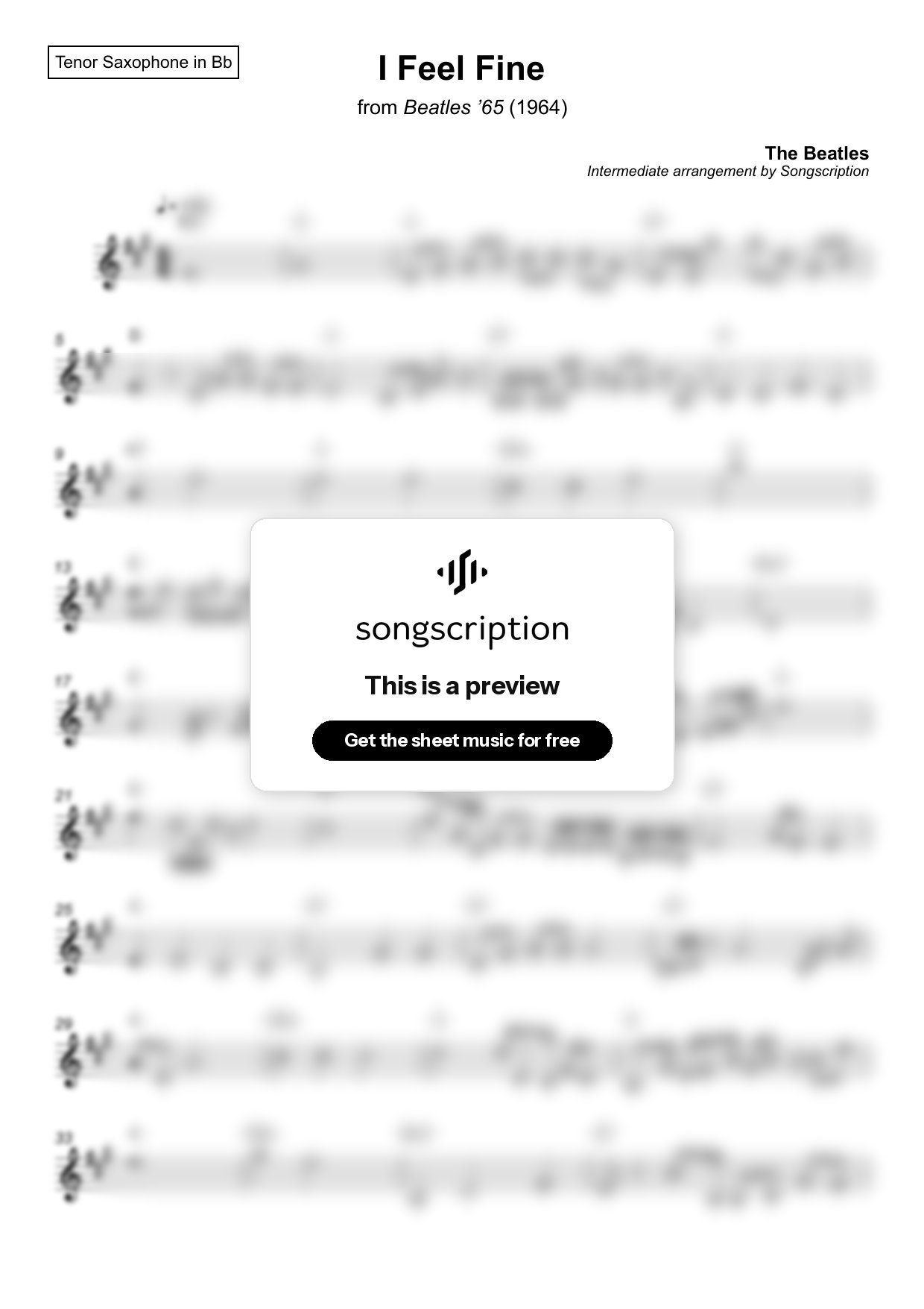Intermediate Tenor Sax Sheet Music for "I Feel Fine" by The Beatles
