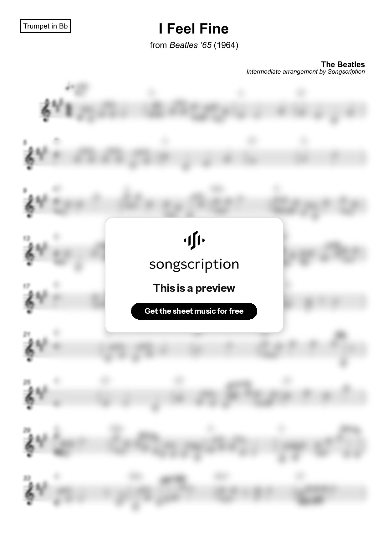 Intermediate Trumpet Sheet Music for "I Feel Fine" by The Beatles