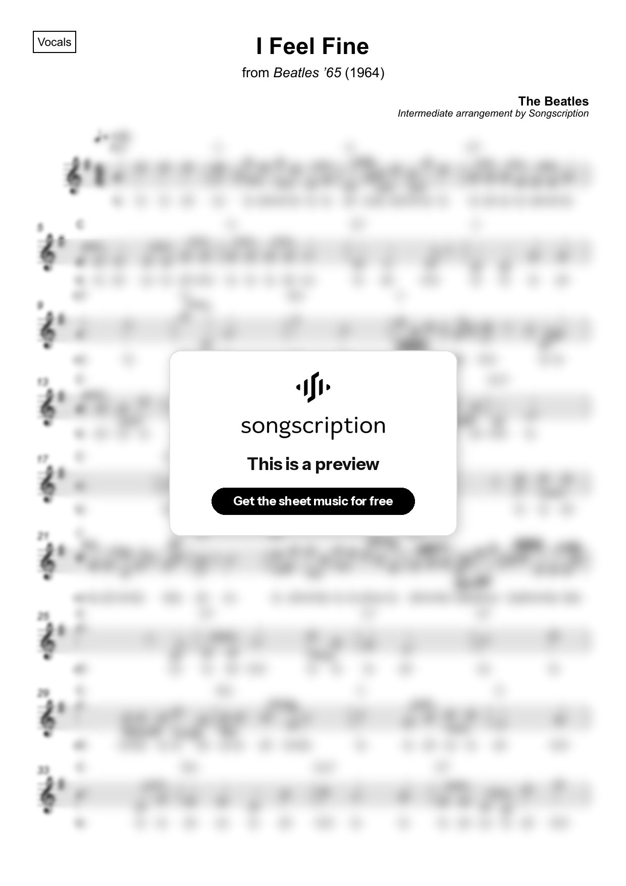 Intermediate Vocals Sheet Music for "I Feel Fine" by The Beatles