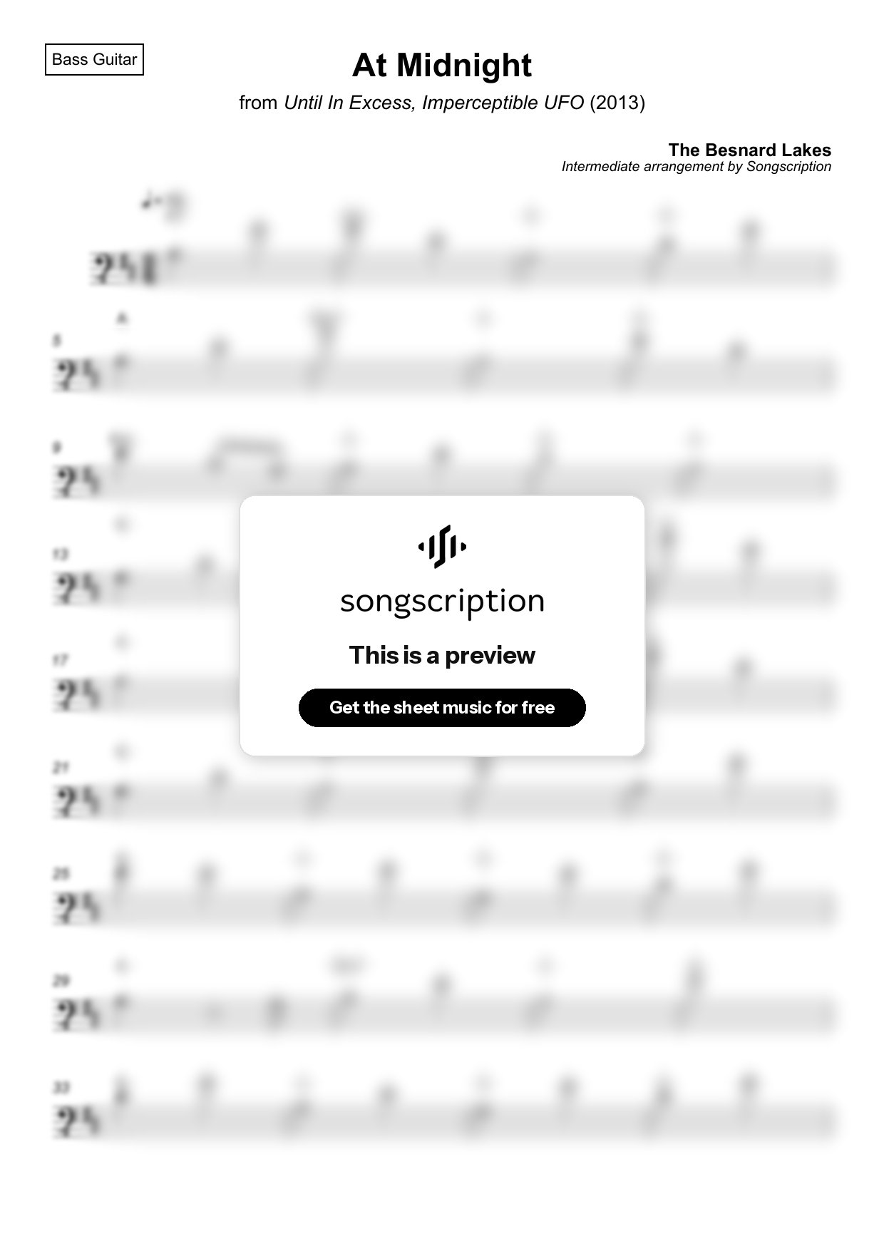 Intermediate Bass Guitar Sheet Music for "At Midnight" by The Besnard Lakes