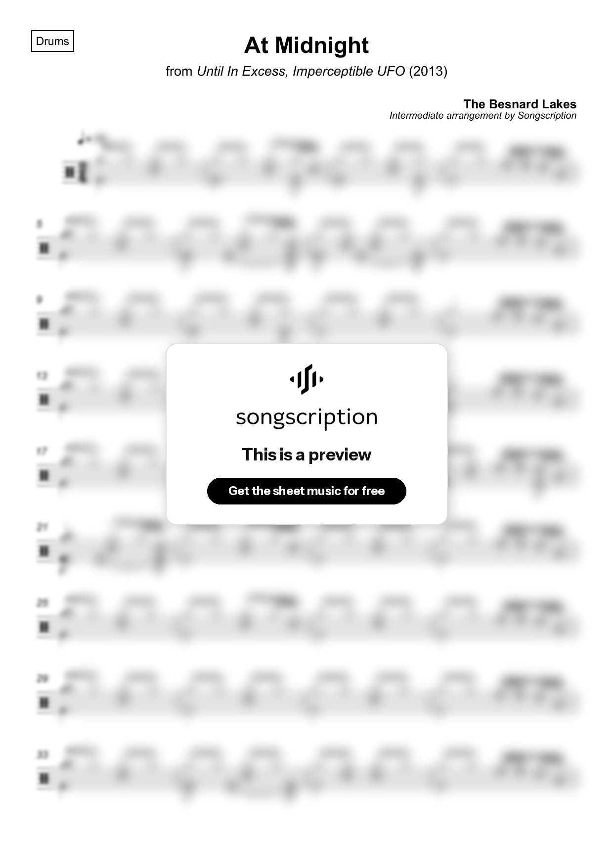 Intermediate Drums Sheet Music for "At Midnight" by The Besnard Lakes