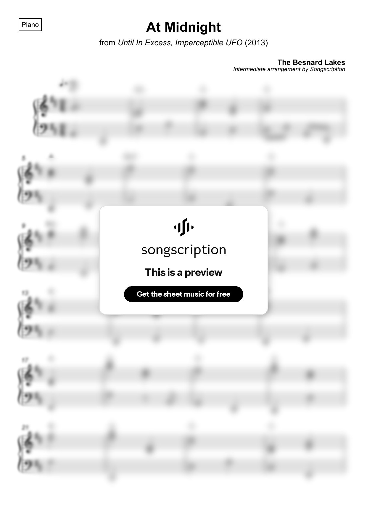 Intermediate Piano Sheet Music for "At Midnight" by The Besnard Lakes