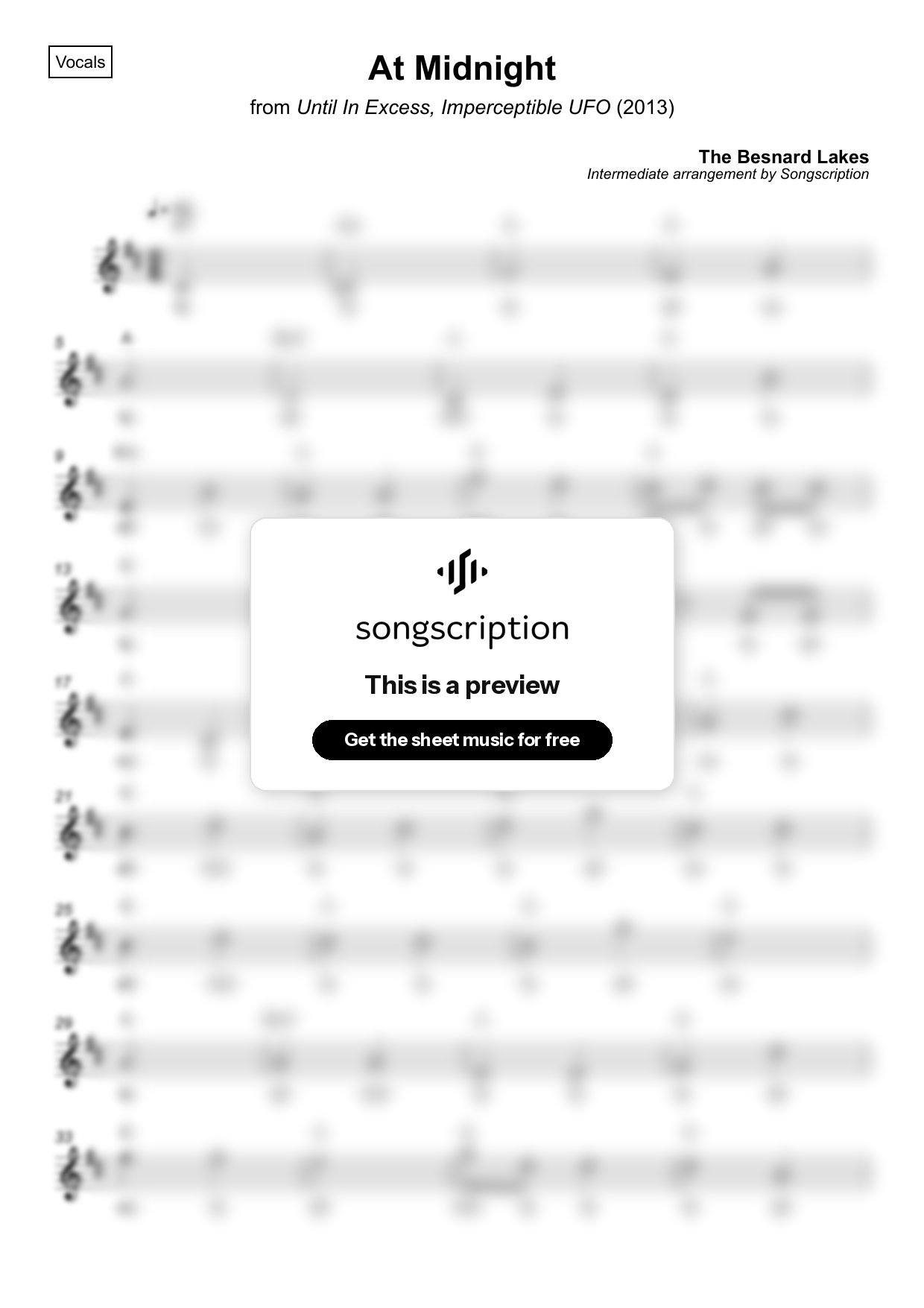 Intermediate Vocals Sheet Music for "At Midnight" by The Besnard Lakes