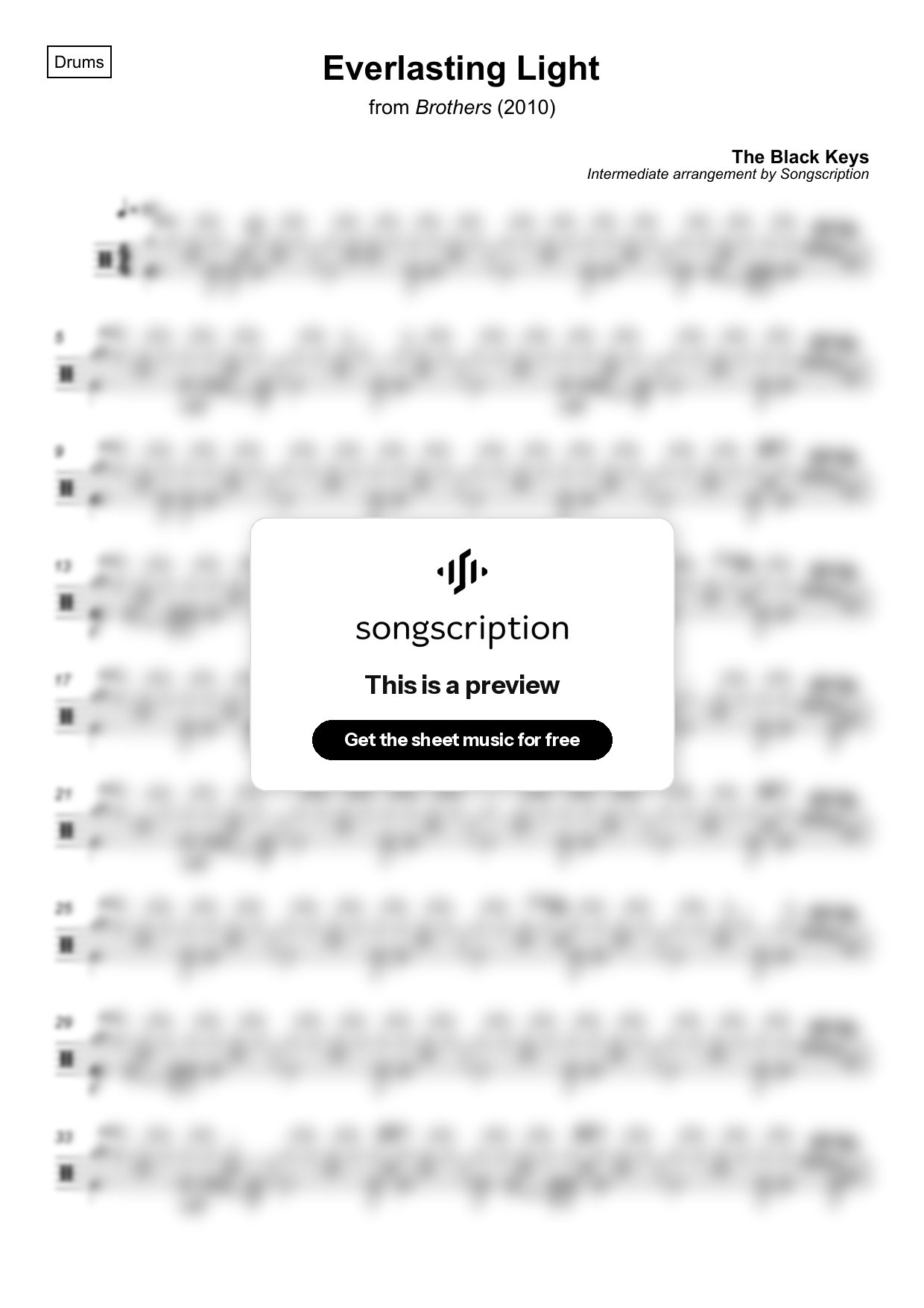 Intermediate Drums Sheet Music for "Everlasting Light" by The Black Keys