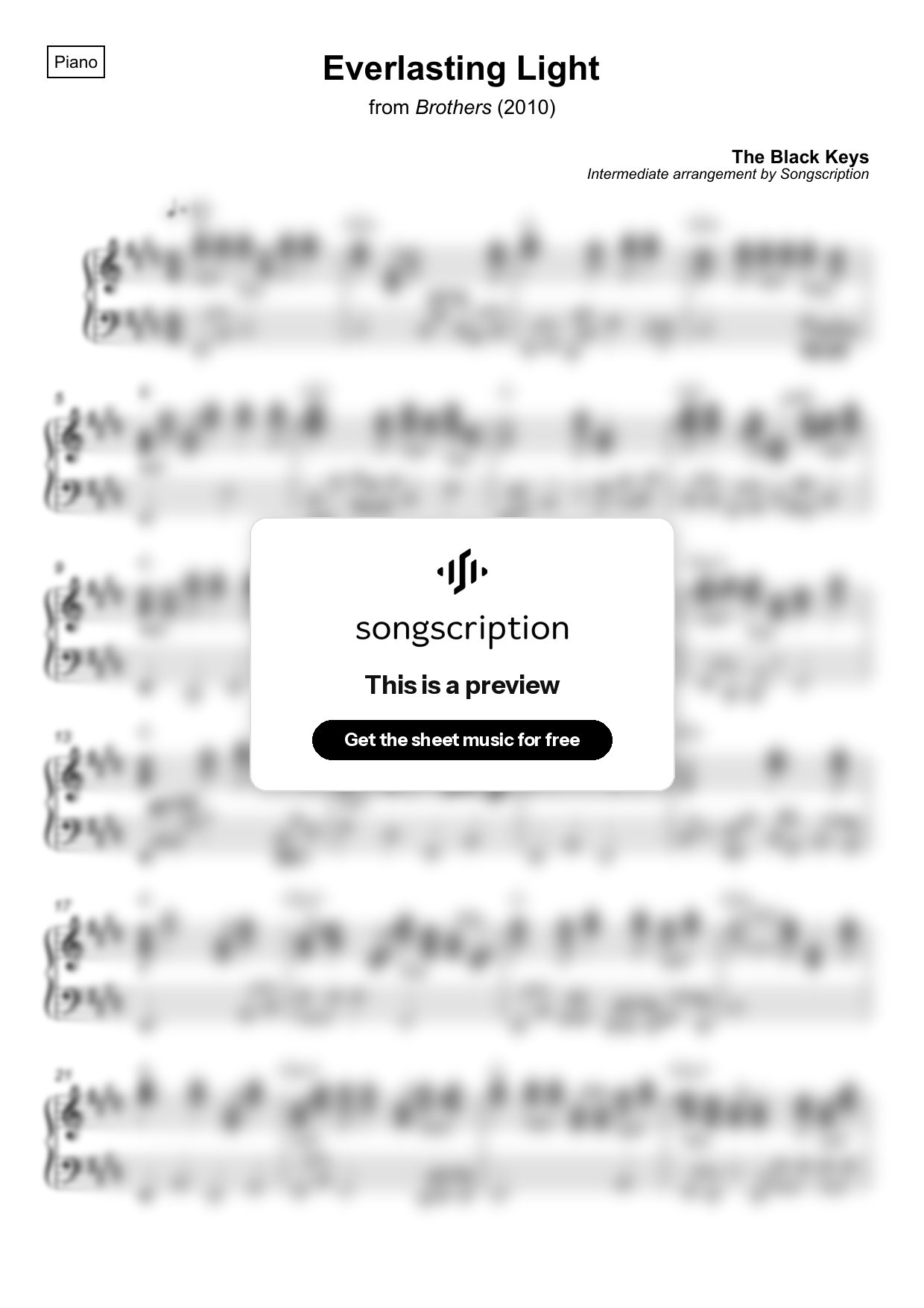 Intermediate Piano Sheet Music for "Everlasting Light" by The Black Keys