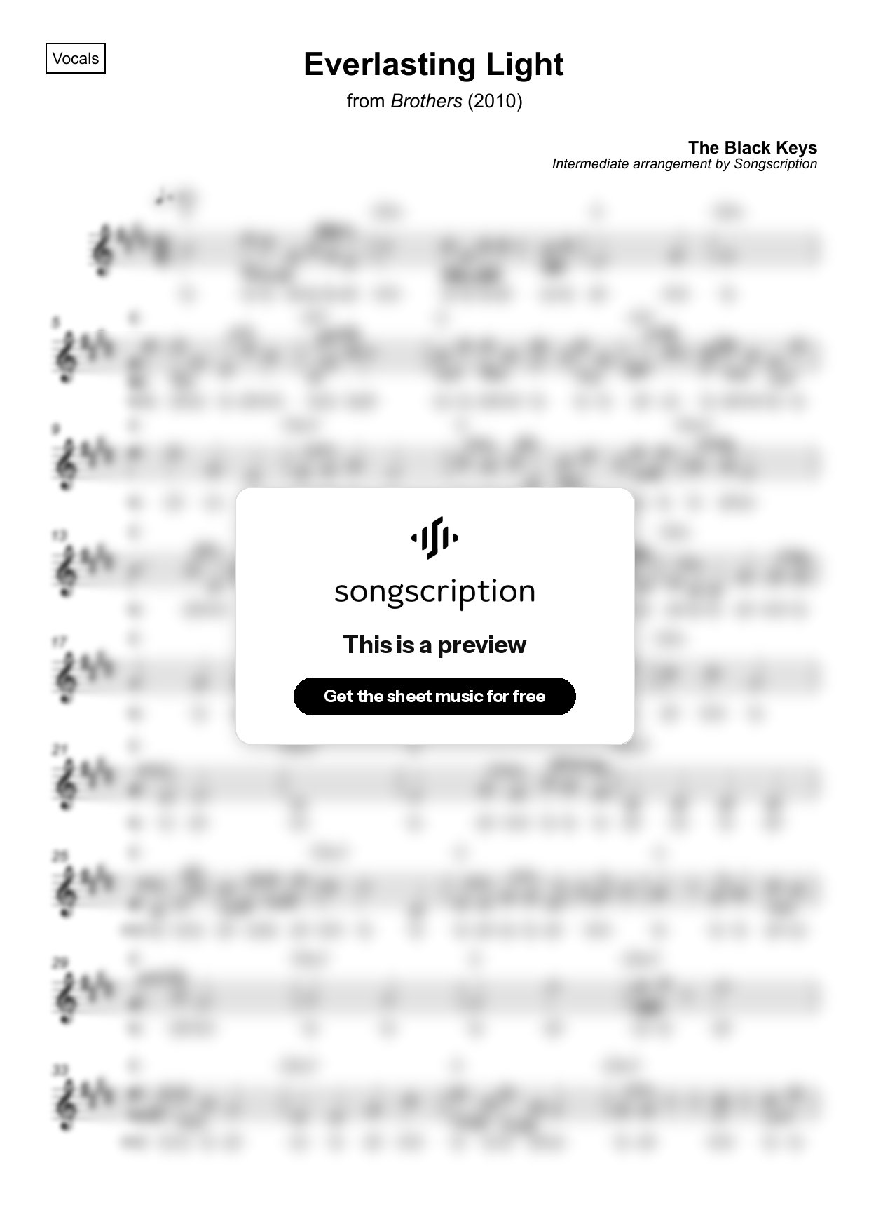 Intermediate Vocals Sheet Music for "Everlasting Light" by The Black Keys