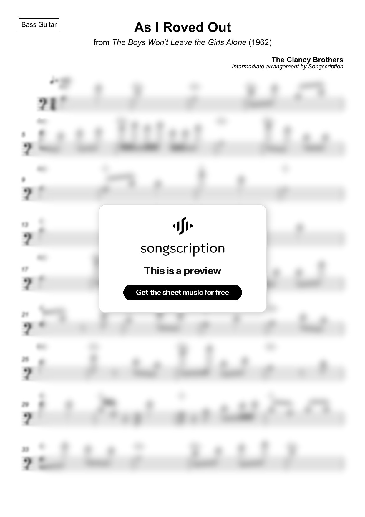 Intermediate Bass Guitar Sheet Music for "As I Roved Out" by The Clancy Brothers