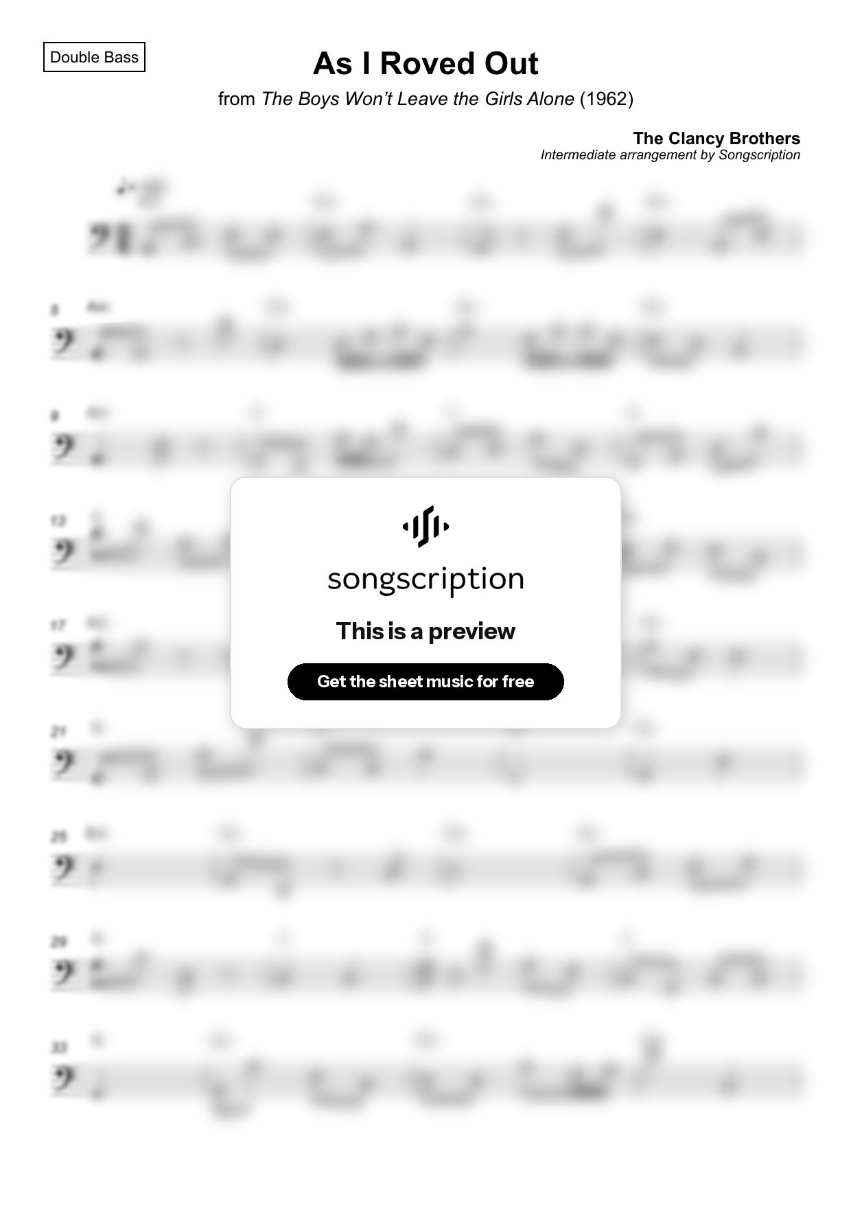 Intermediate Double Bass Sheet Music for "As I Roved Out" by The Clancy Brothers
