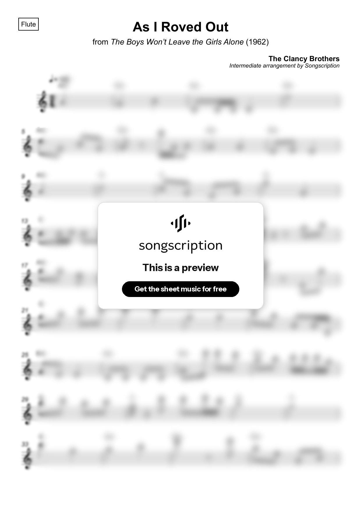 Intermediate Flute Sheet Music for "As I Roved Out" by The Clancy Brothers