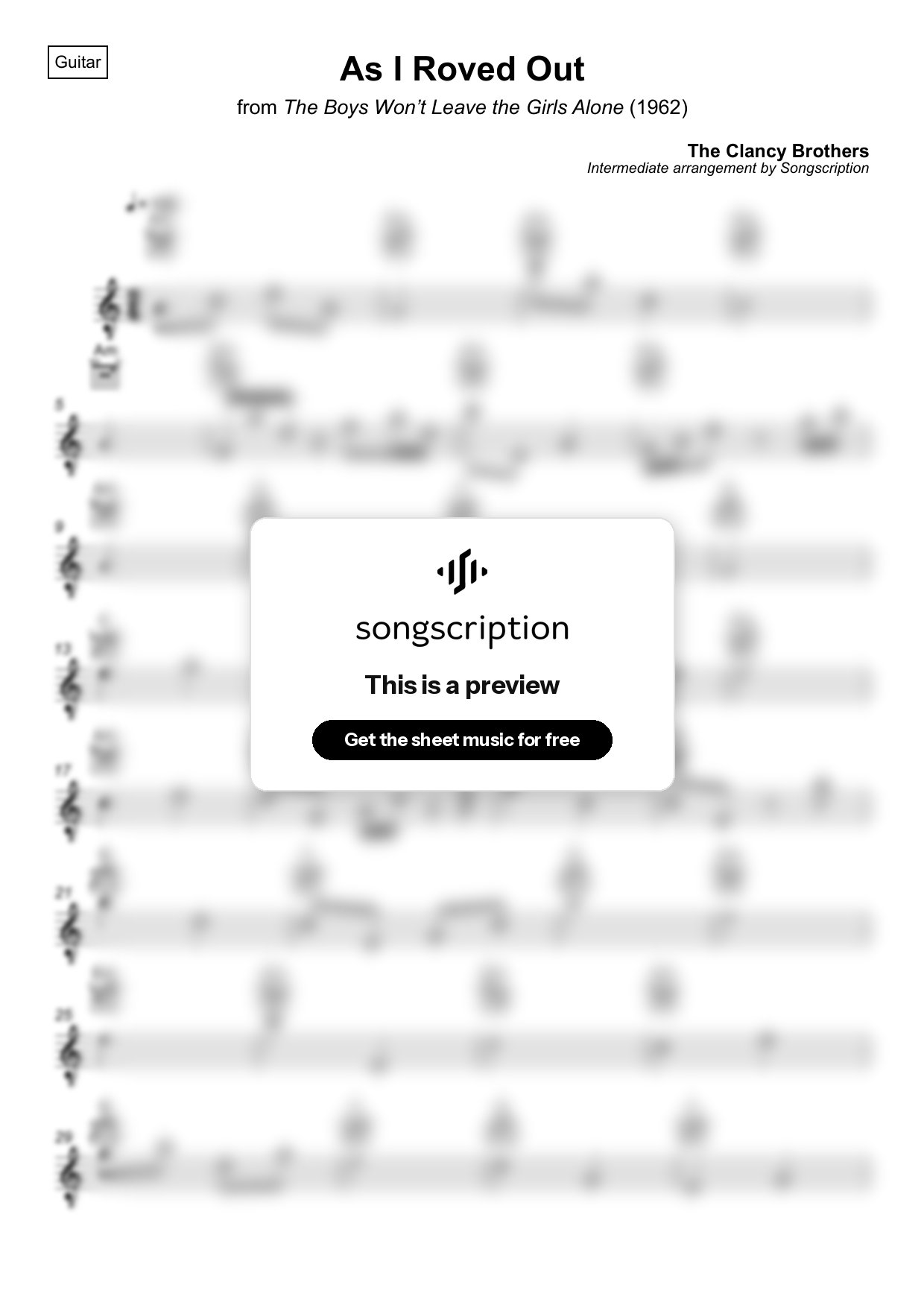 Intermediate Acoustic Guitar Sheet Music for "As I Roved Out" by The Clancy Brothers