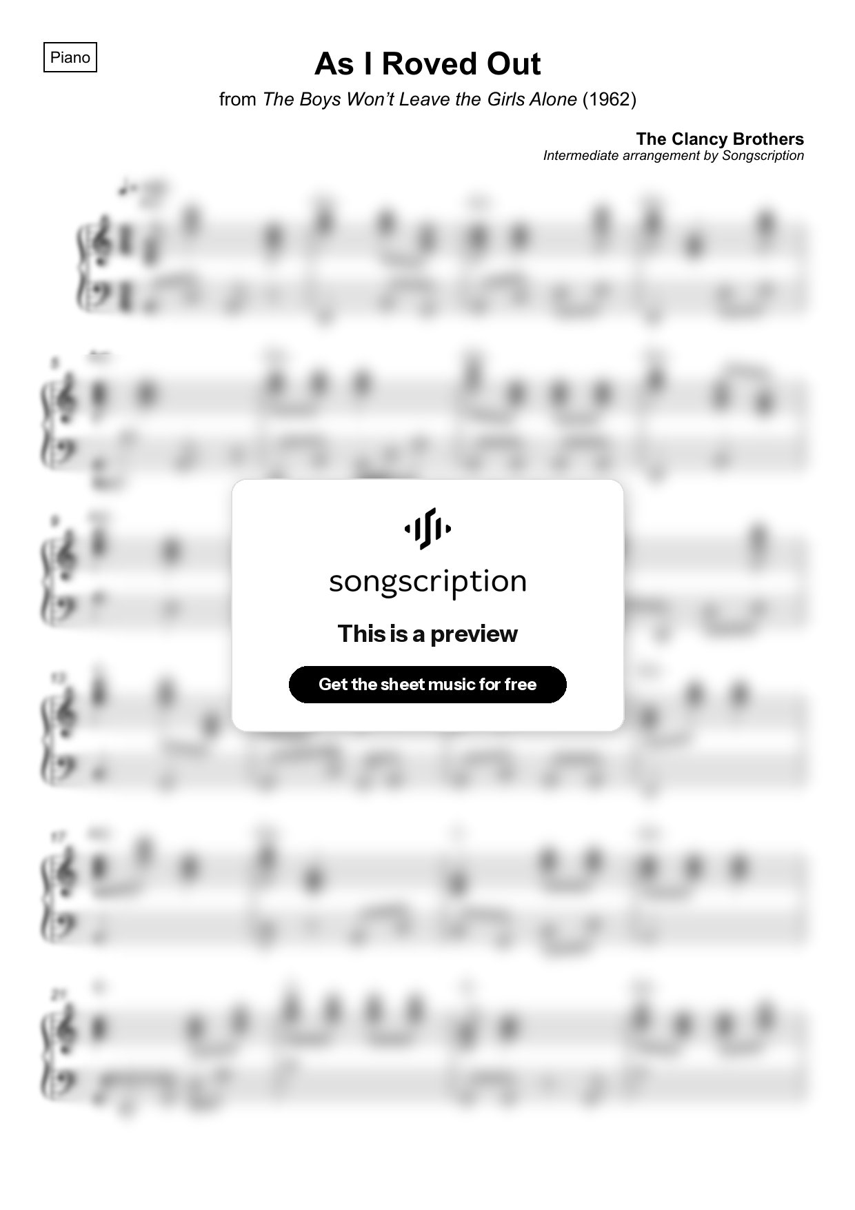 Intermediate Piano Sheet Music for "As I Roved Out" by The Clancy Brothers