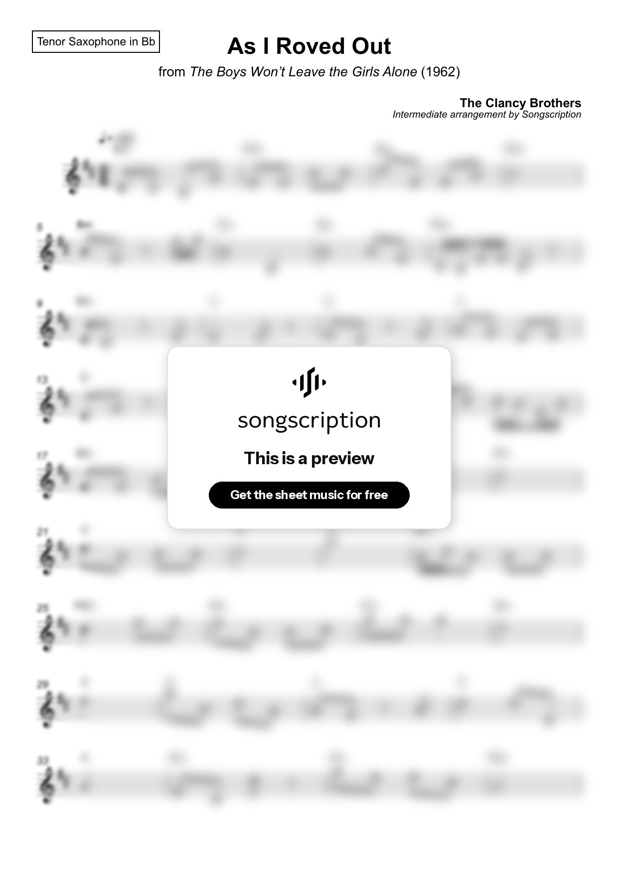 Intermediate Tenor Sax Sheet Music for "As I Roved Out" by The Clancy Brothers