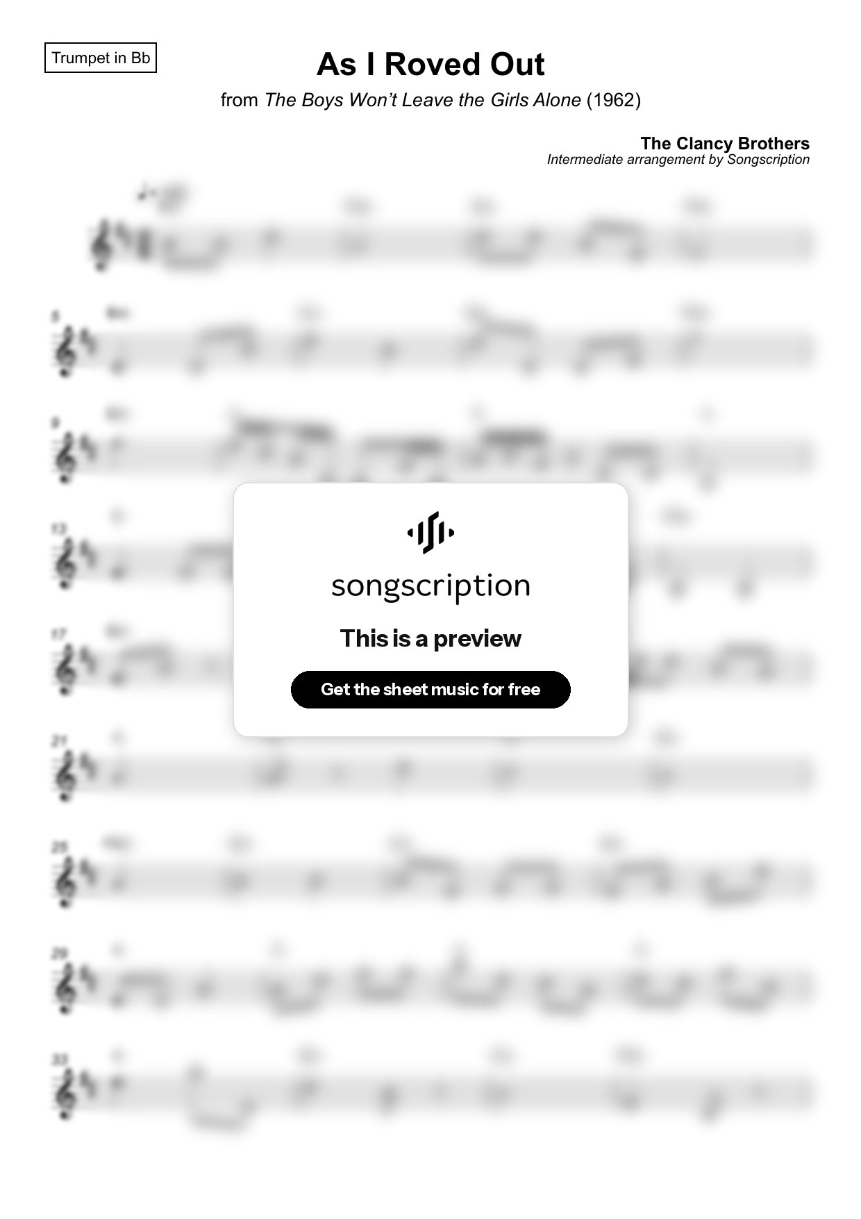Intermediate Trumpet Sheet Music for "As I Roved Out" by The Clancy Brothers