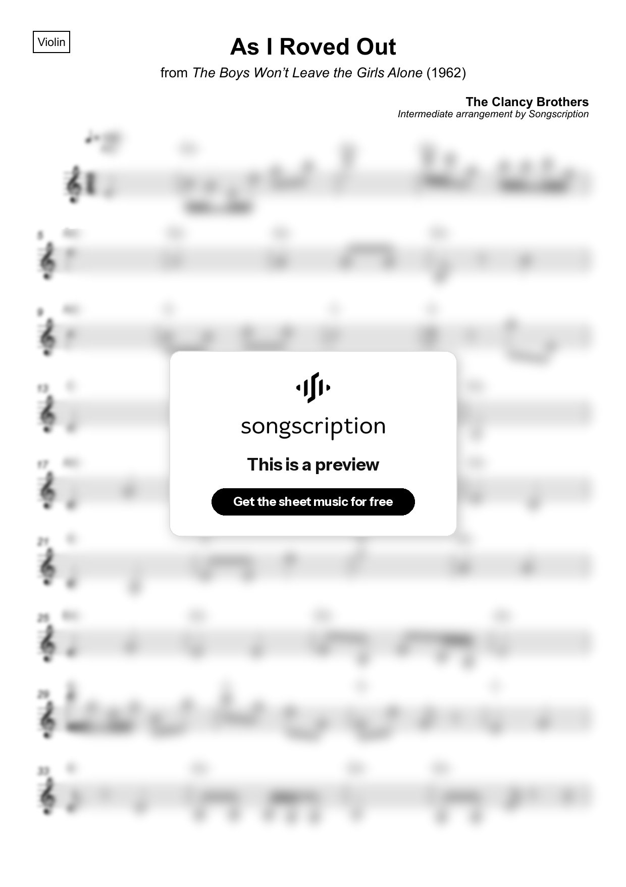 Intermediate Violin Sheet Music for "As I Roved Out" by The Clancy Brothers