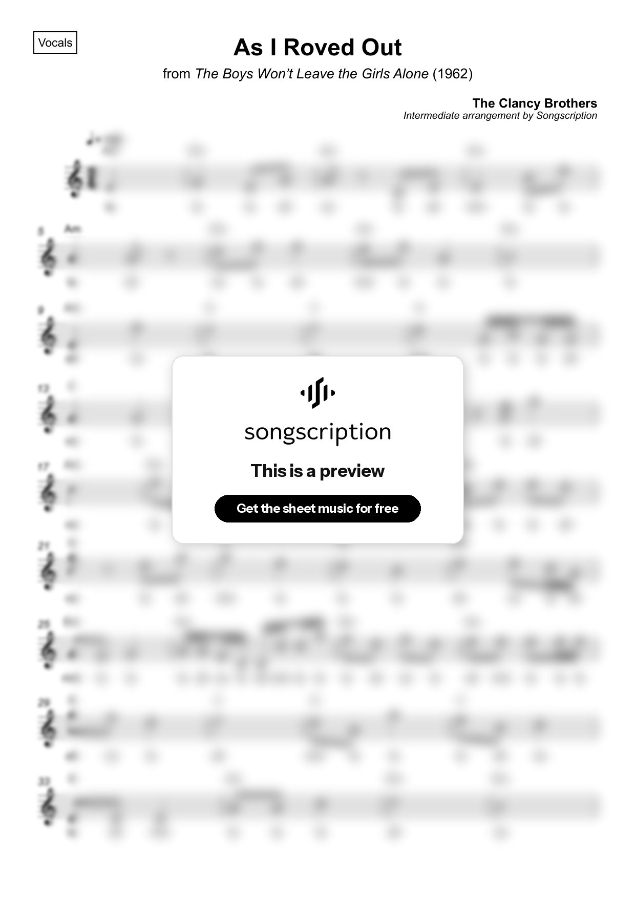 Intermediate Vocals Sheet Music for "As I Roved Out" by The Clancy Brothers