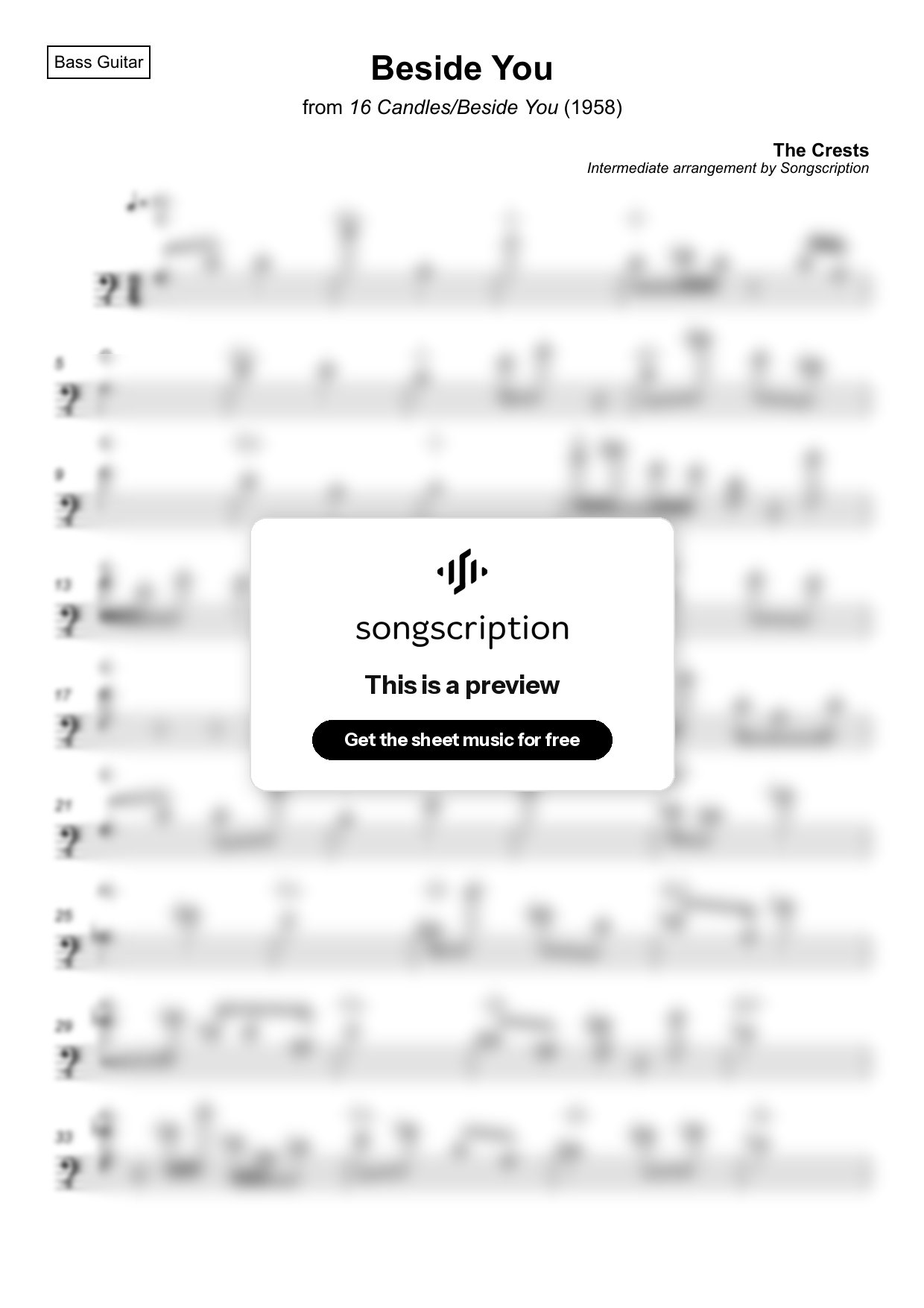 Intermediate Bass Guitar Sheet Music for "Beside You" by The Crests