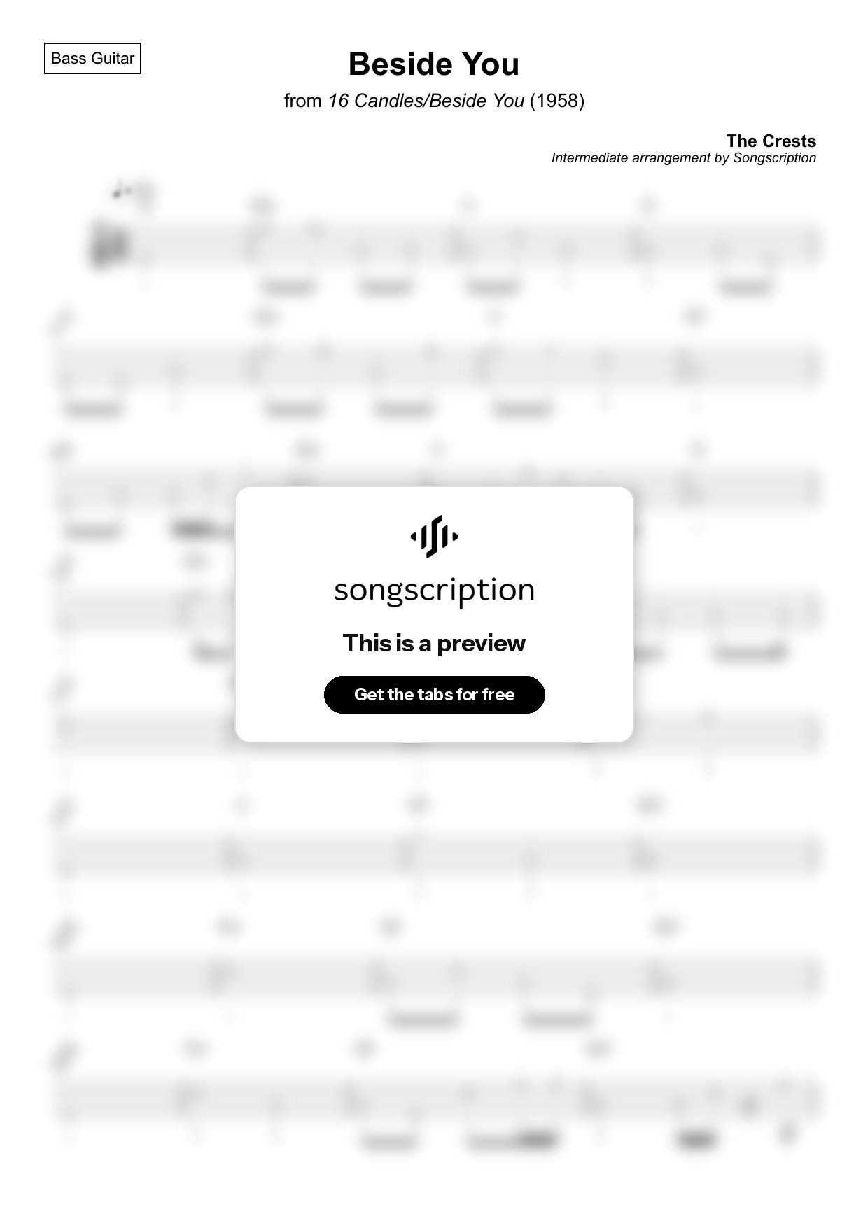 Intermediate Bass Guitar Tabs for "Beside You" by The Crests