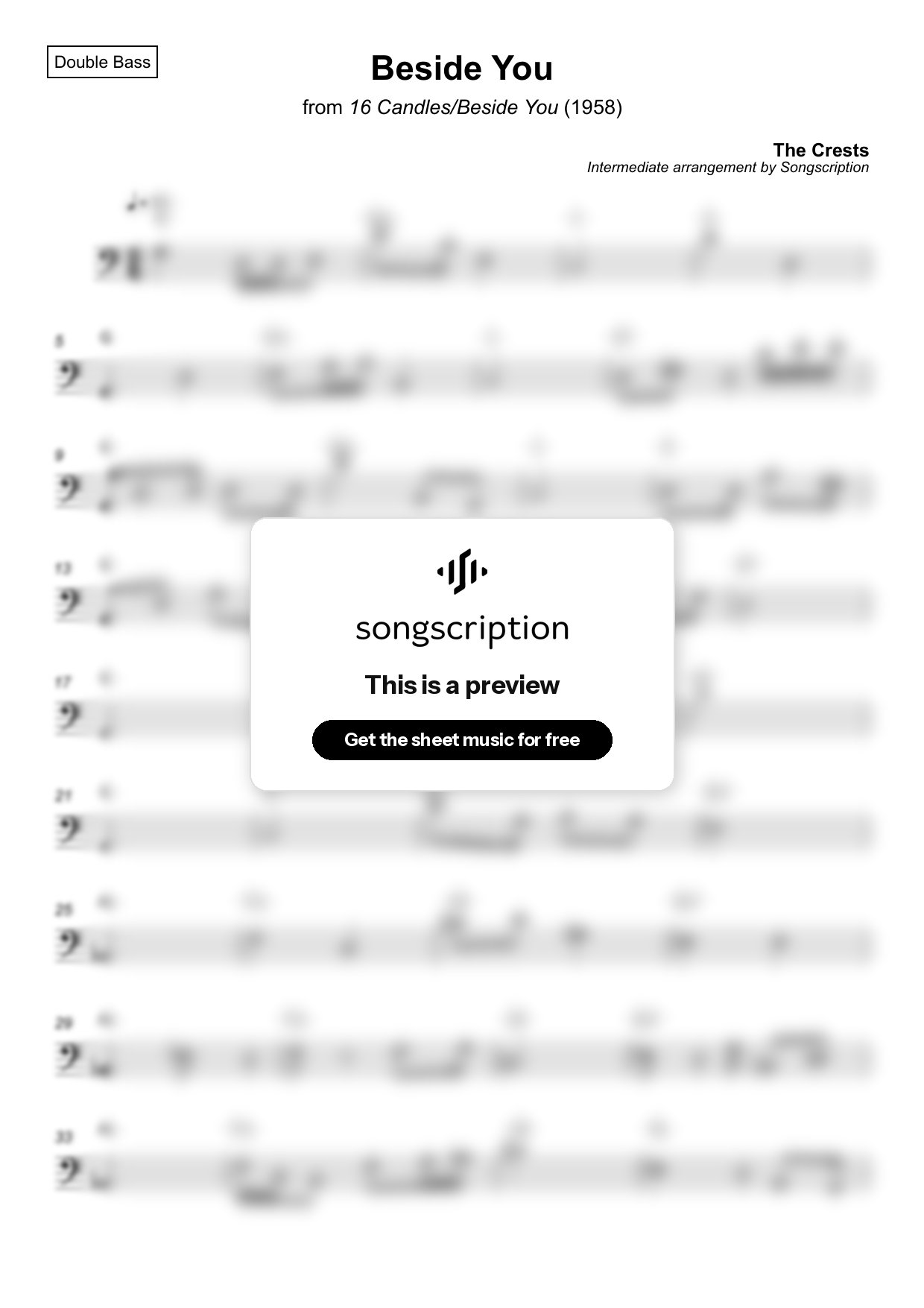 Intermediate Double Bass Sheet Music for "Beside You" by The Crests