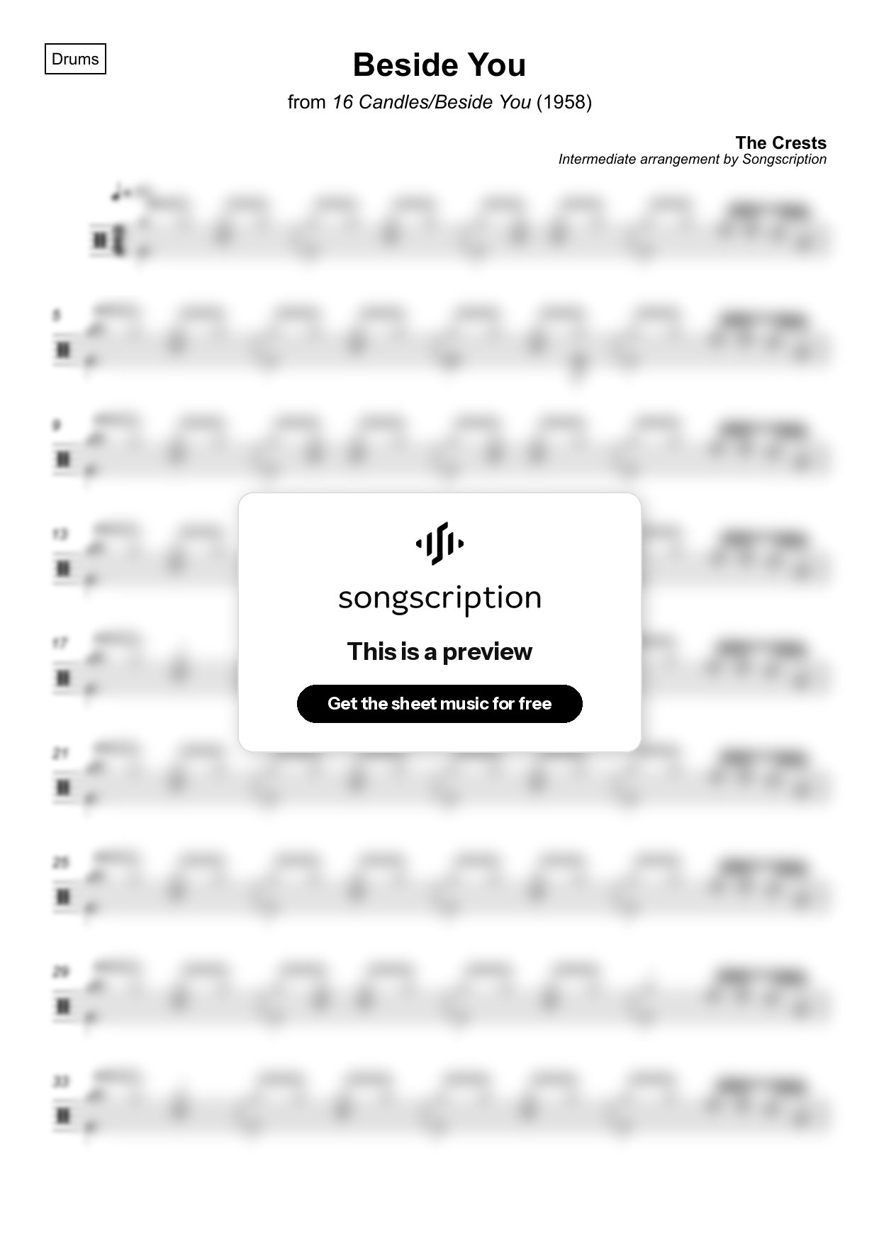 Intermediate Drums Sheet Music for "Beside You" by The Crests
