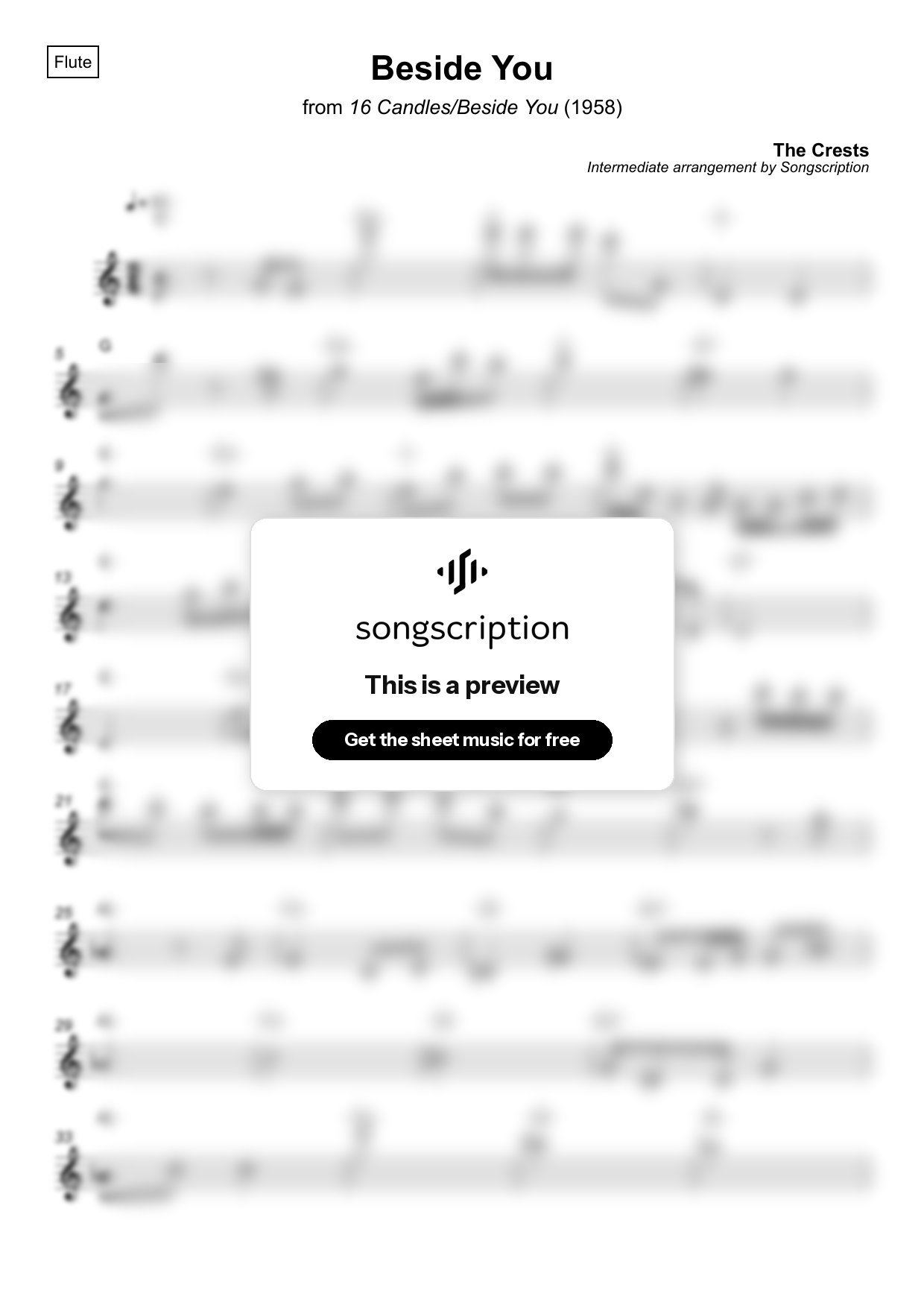 Intermediate Flute Sheet Music for "Beside You" by The Crests
