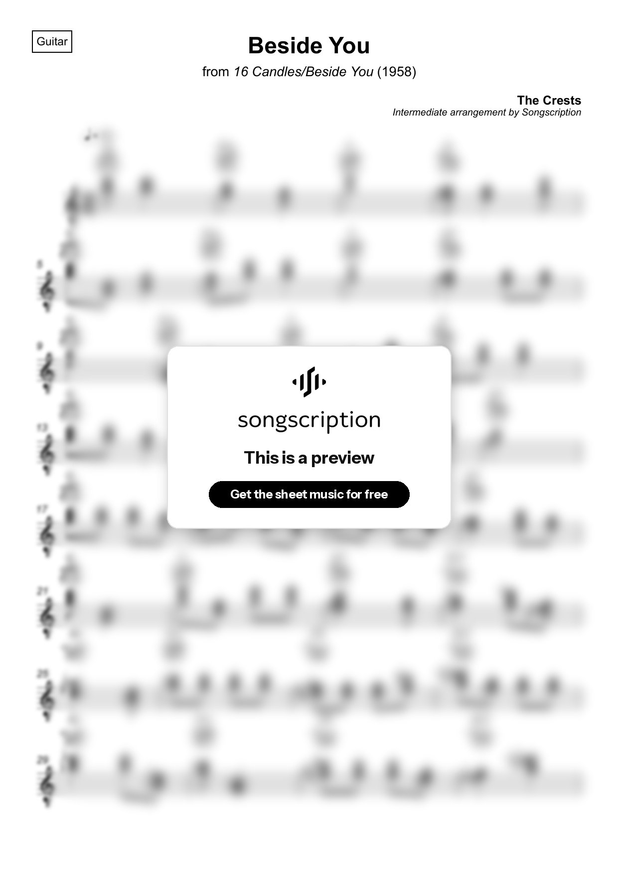 Intermediate Acoustic Guitar Sheet Music for "Beside You" by The Crests