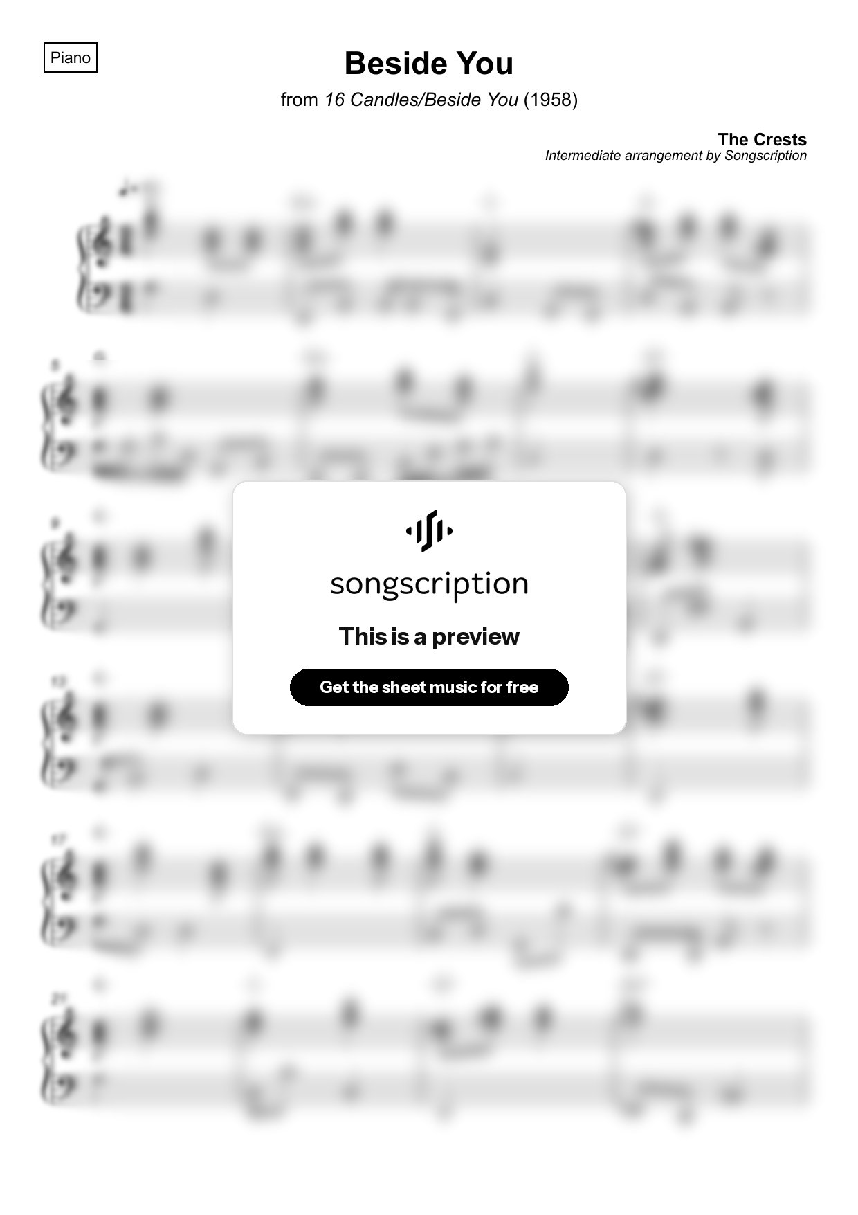 Intermediate Piano Sheet Music for "Beside You" by The Crests