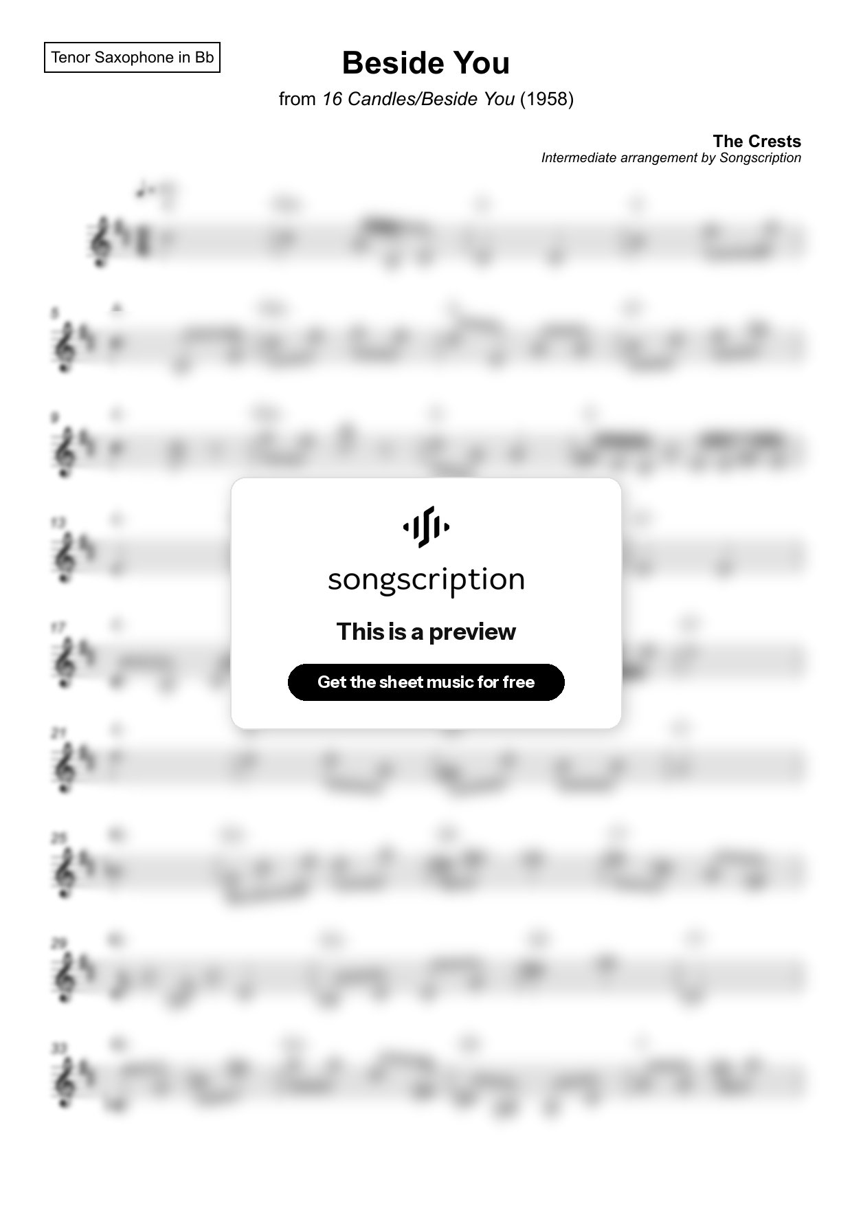 Intermediate Tenor Sax Sheet Music for "Beside You" by The Crests