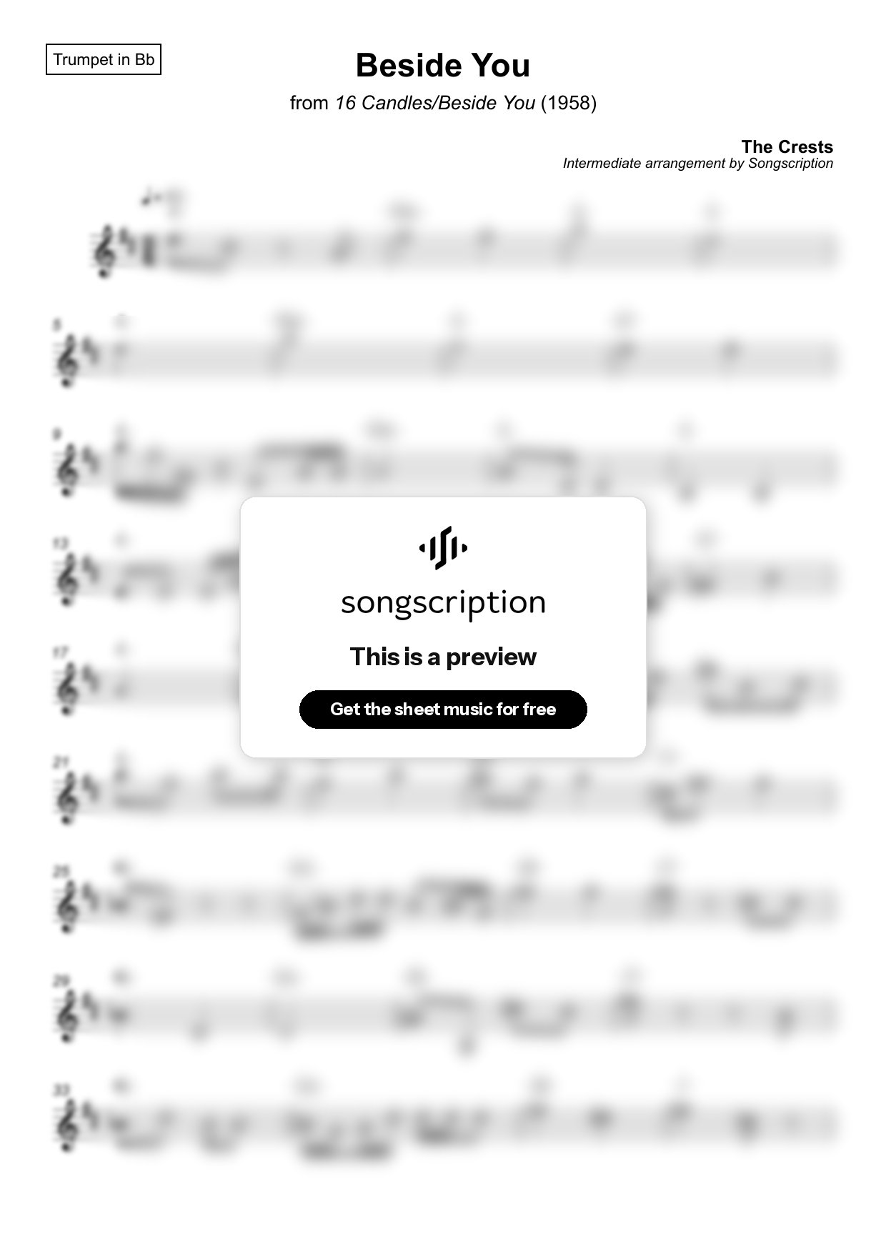 Intermediate Trumpet Sheet Music for "Beside You" by The Crests
