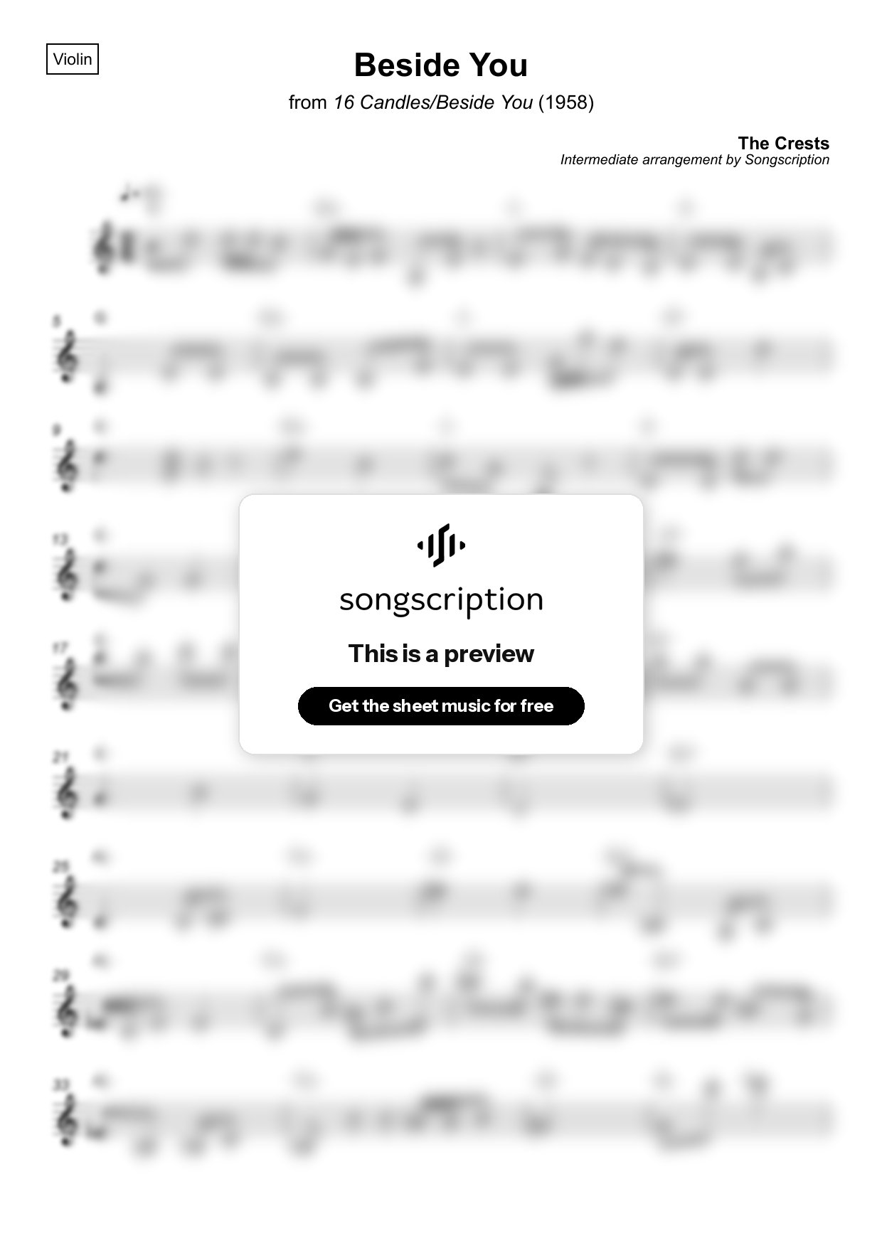 Intermediate Violin Sheet Music for "Beside You" by The Crests