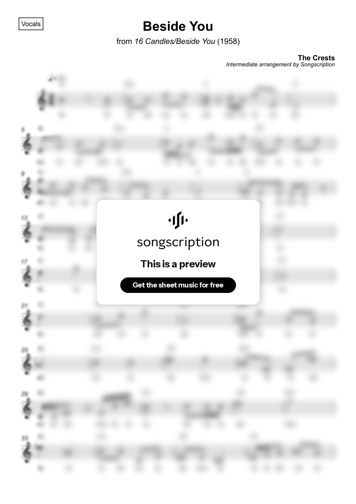 Intermediate Vocals Sheet Music for "Beside You" by The Crests