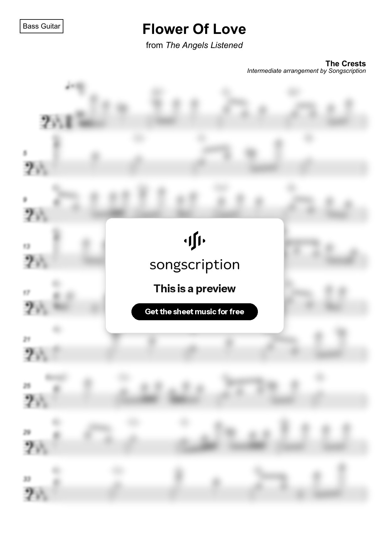 Intermediate Bass Guitar Sheet Music for "Flower Of Love" by The Crests