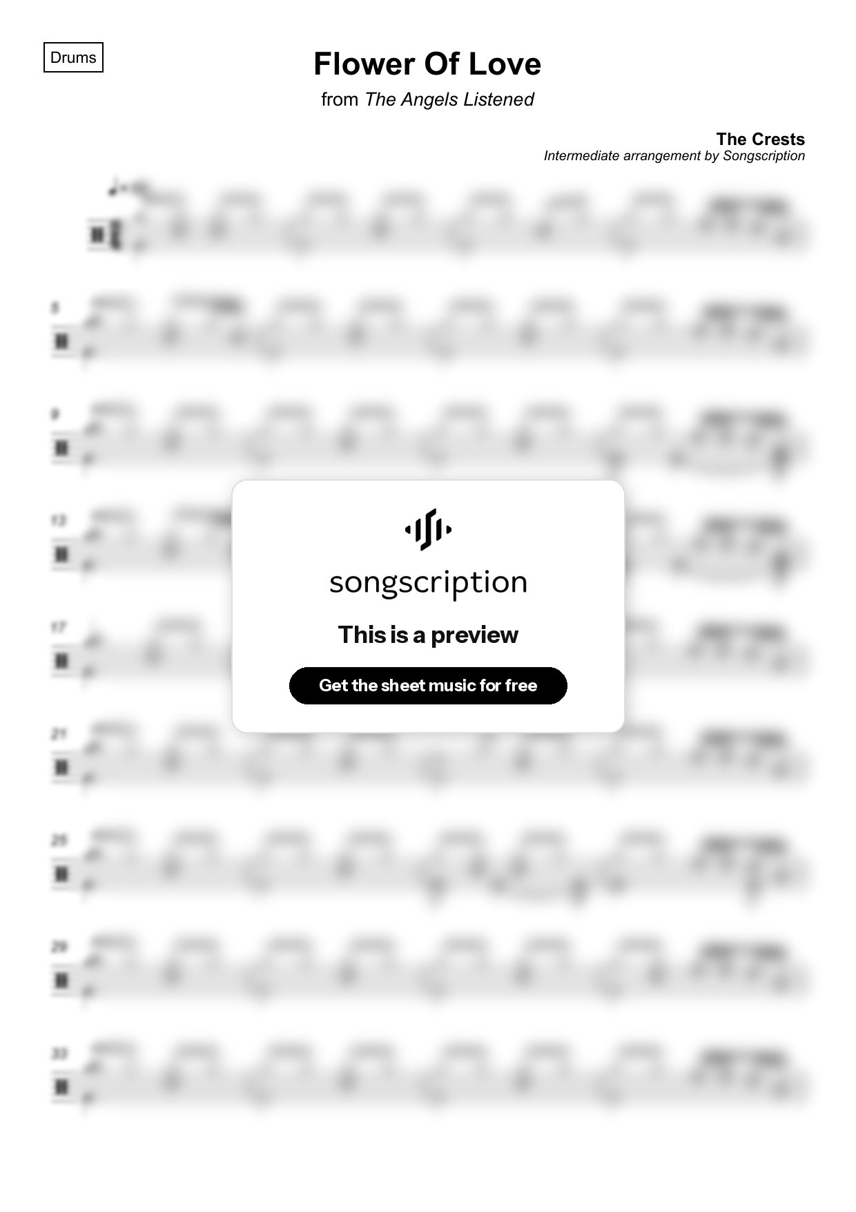 Intermediate Drums Sheet Music for "Flower Of Love" by The Crests