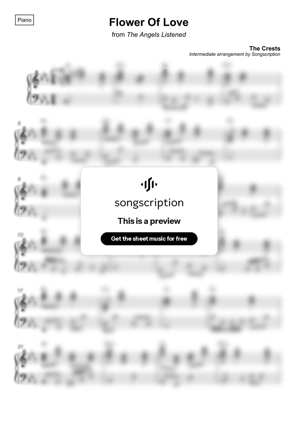 Intermediate Piano Sheet Music for "Flower Of Love" by The Crests