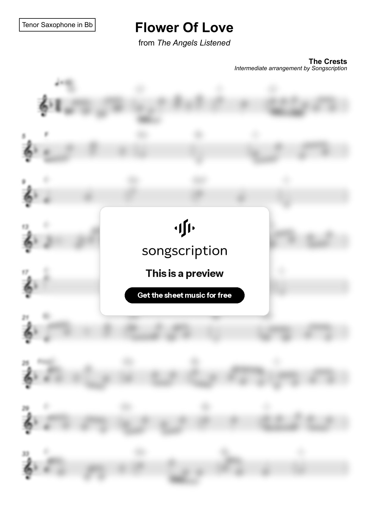 Intermediate Tenor Sax Sheet Music for "Flower Of Love" by The Crests