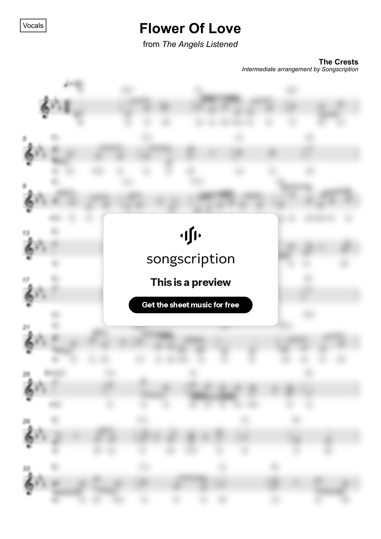 Intermediate Vocals Sheet Music for "Flower Of Love" by The Crests