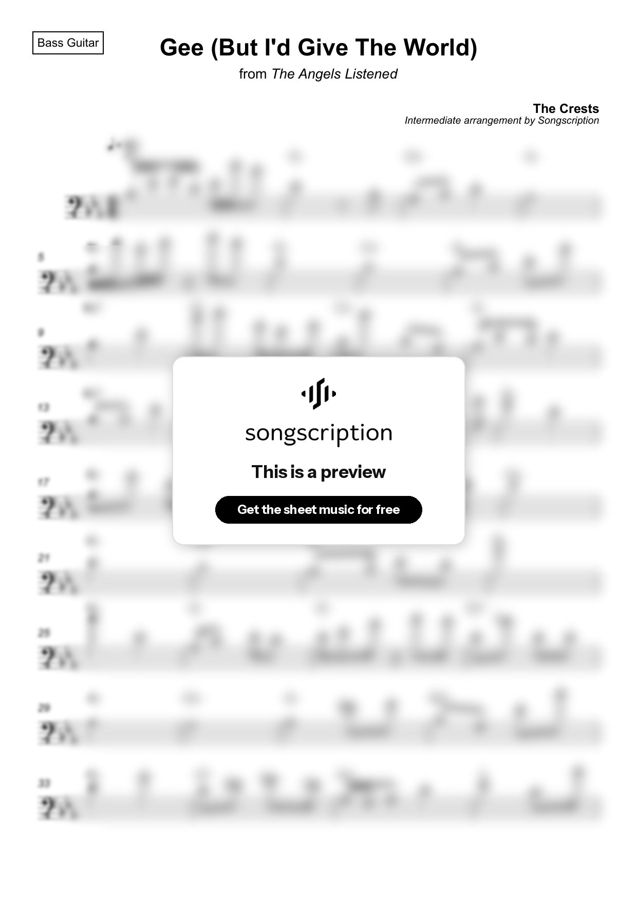 Intermediate Bass Guitar Sheet Music for "Gee (But I'd Give The World)" by The Crests