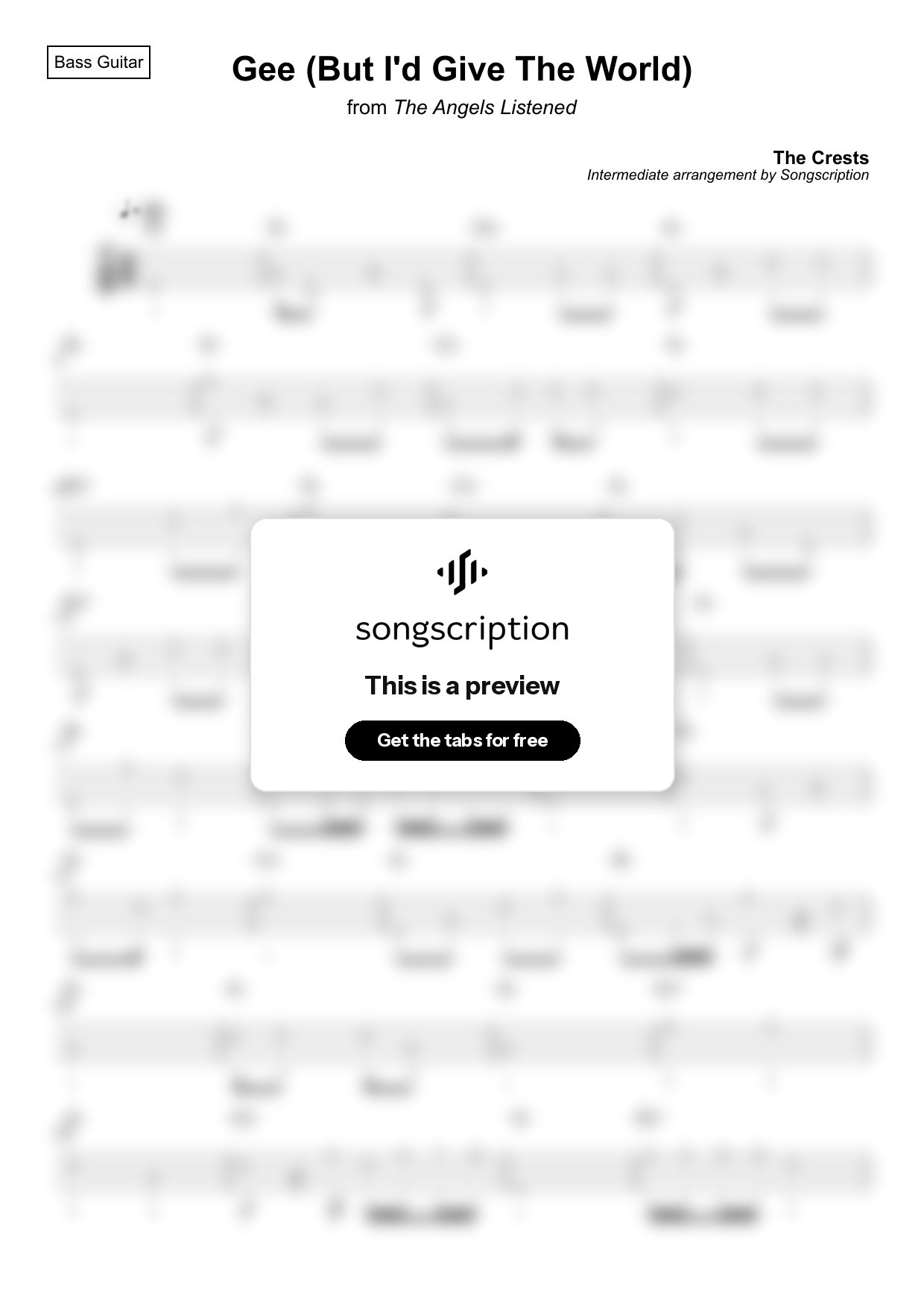 Intermediate Bass Guitar Tabs for "Gee (But I'd Give The World)" by The Crests