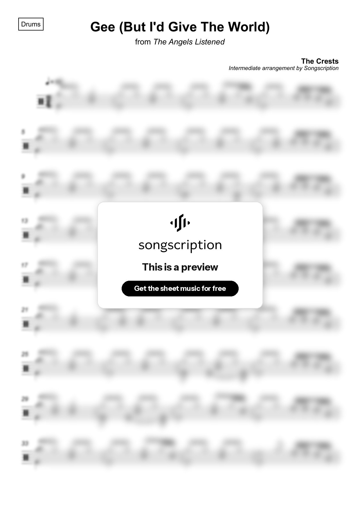Intermediate Drums Sheet Music for "Gee (But I'd Give The World)" by The Crests