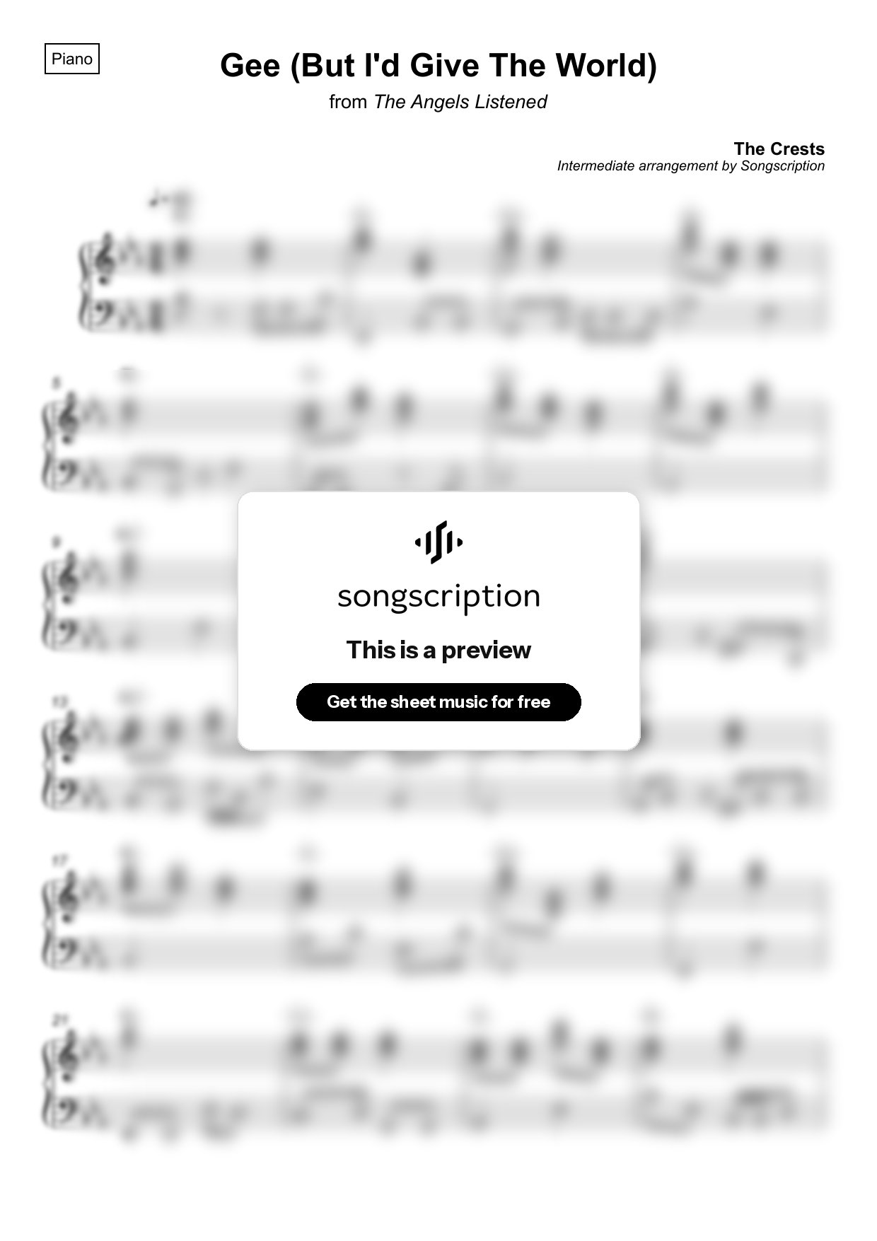 Intermediate Piano Sheet Music for "Gee (But I'd Give The World)" by The Crests
