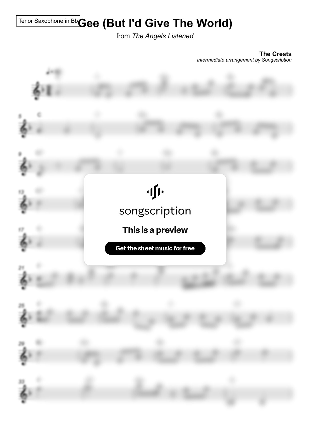 Intermediate Tenor Sax Sheet Music for "Gee (But I'd Give The World)" by The Crests