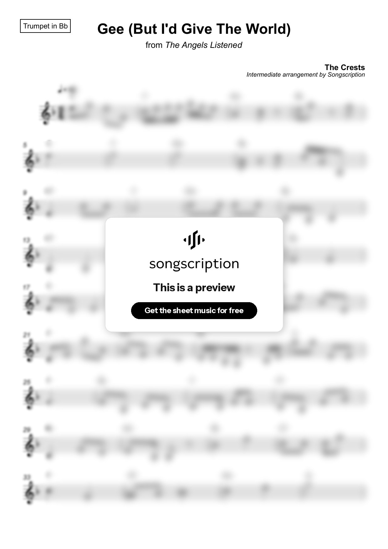 Intermediate Trumpet Sheet Music for "Gee (But I'd Give The World)" by The Crests